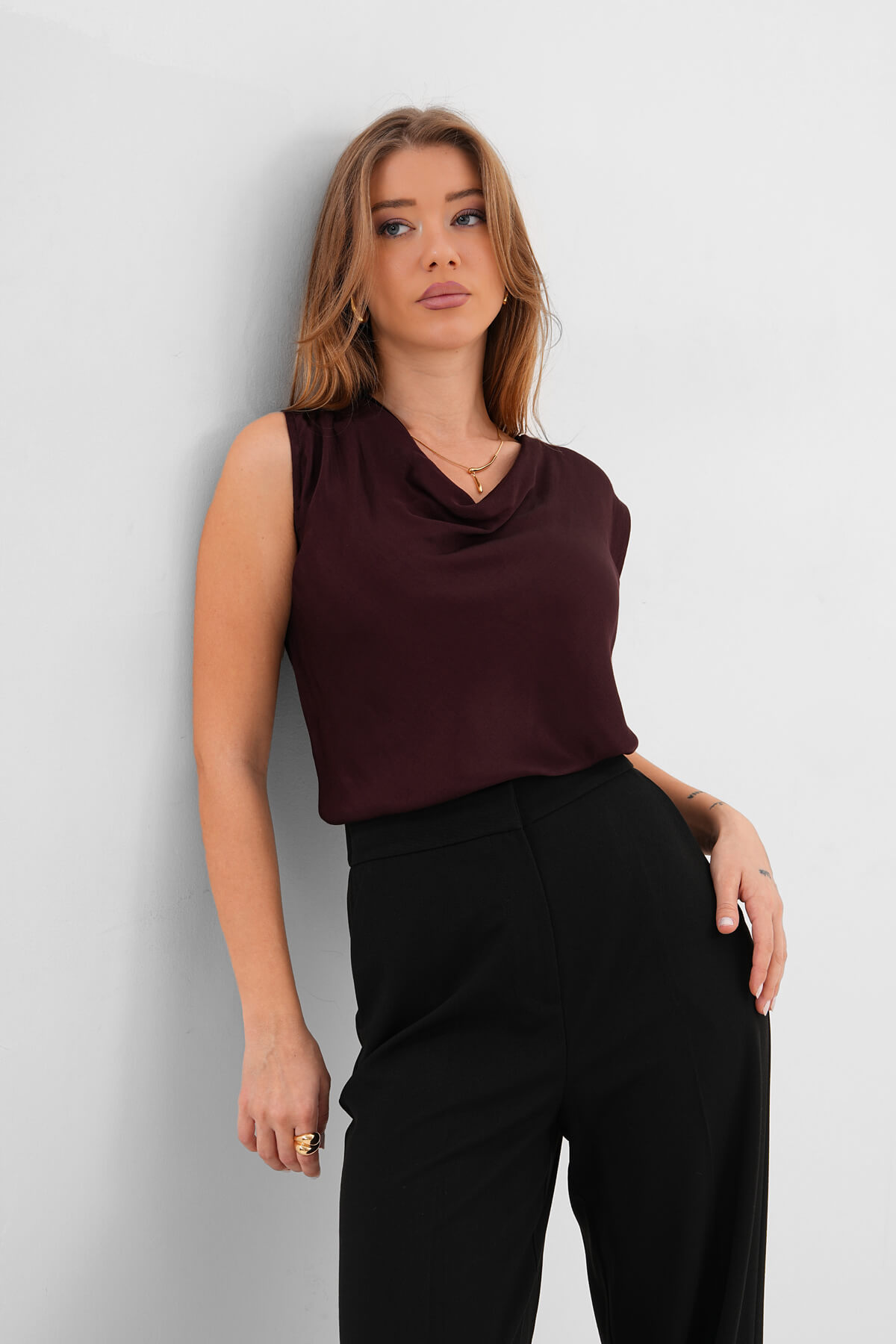 Saten Drapeli Kolsuz Gömlek MDG-25-D-102 Kahverengi - MDG