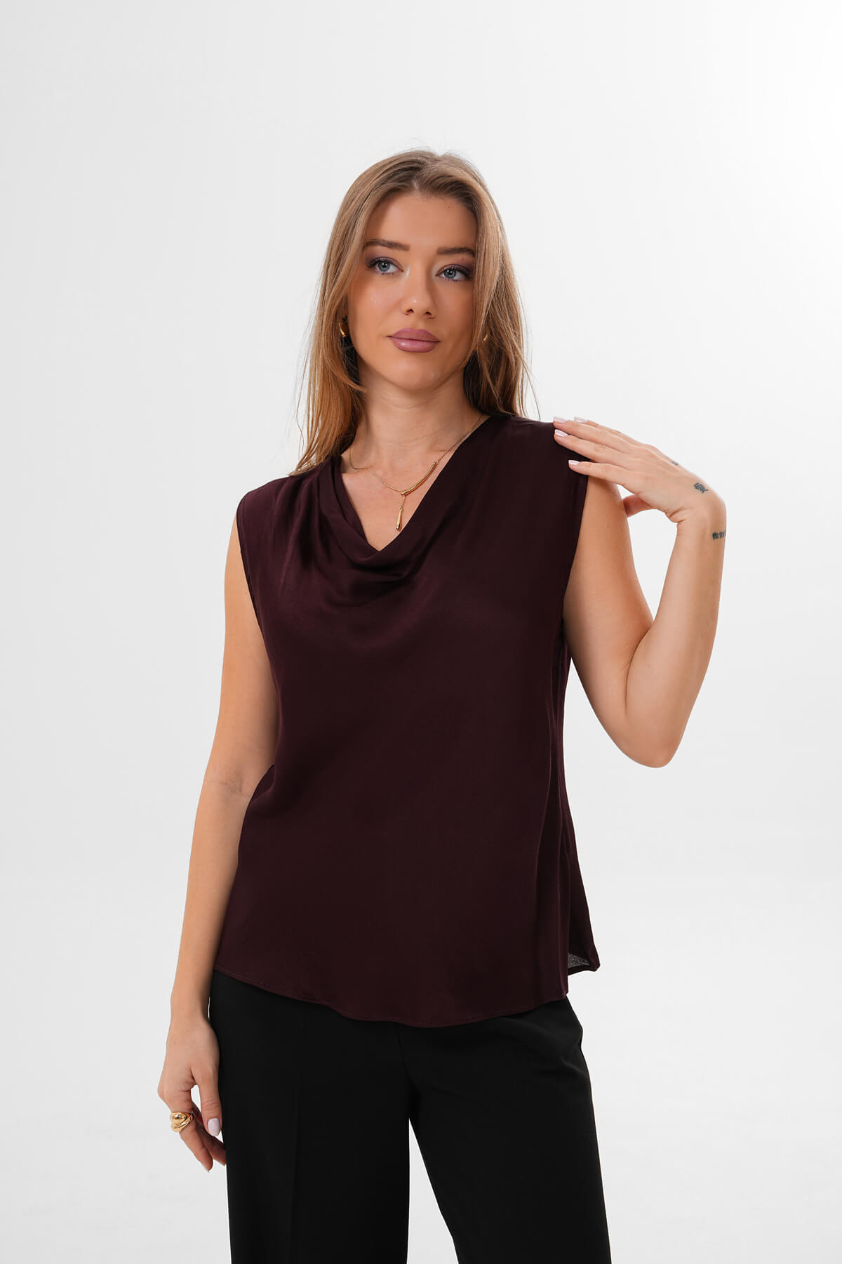 Saten Drapeli Kolsuz Gömlek MDG-25-D-102 Kahverengi - 2