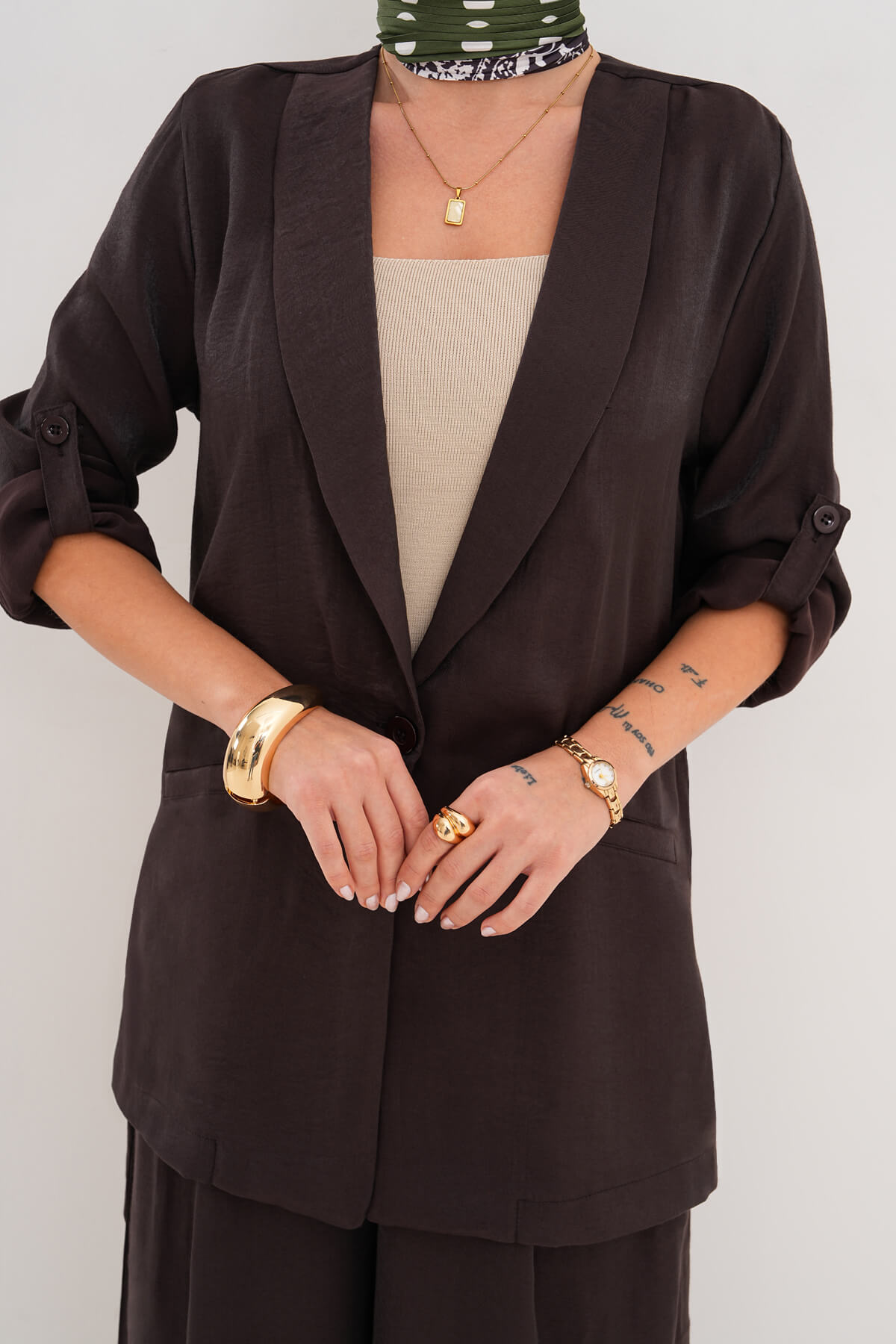 Tek Düğmeli Modal Ceket MDG-25-D-92 Kahverengi - 2