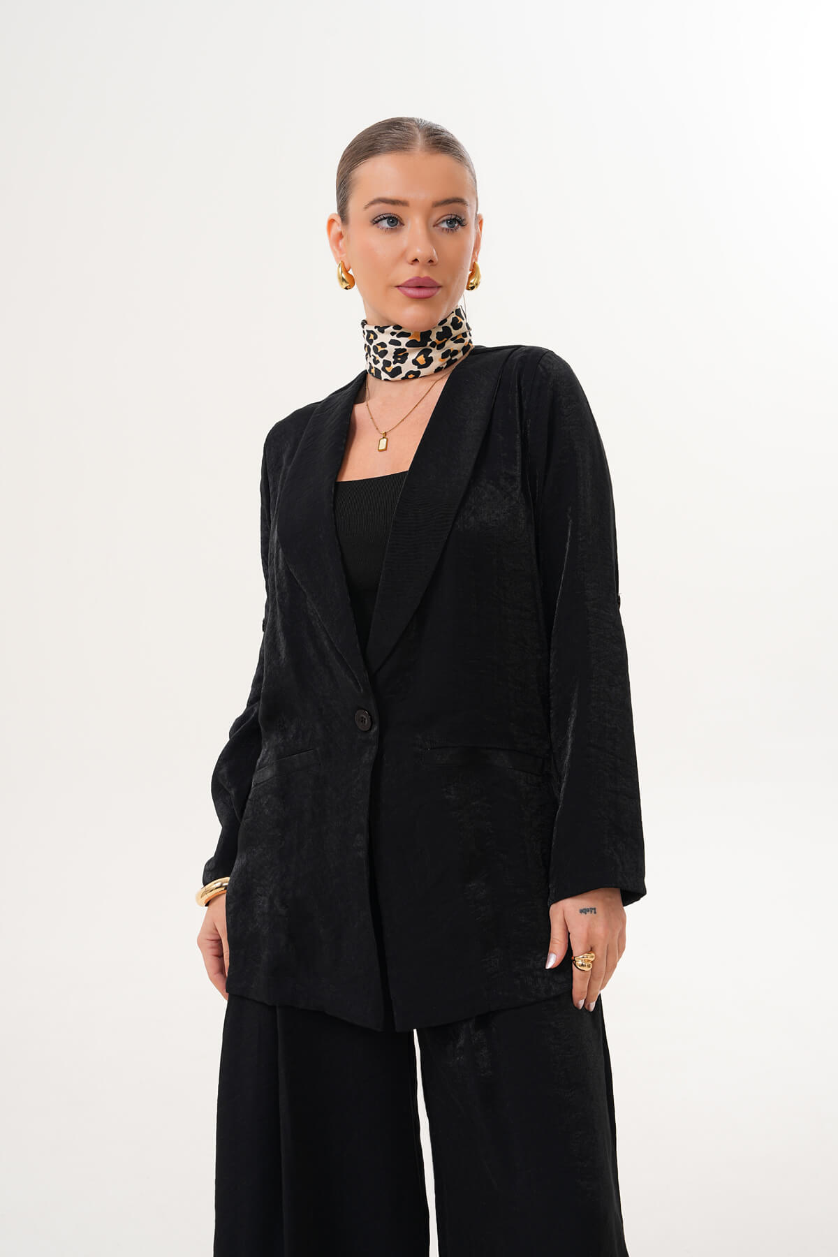 Tek Düğmeli Modal Ceket MDG-25-D-92 Siyah - MDG