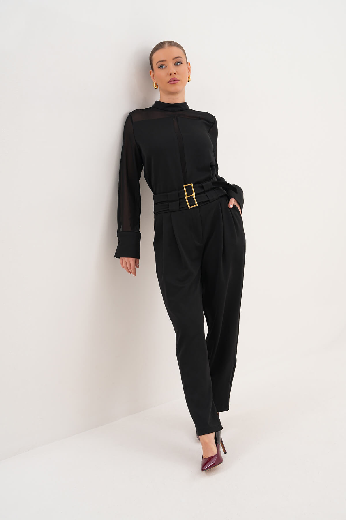 Toka Kemer Detaylı Rahat Kesim Pantolon MDG-5188-P Siyah - 1