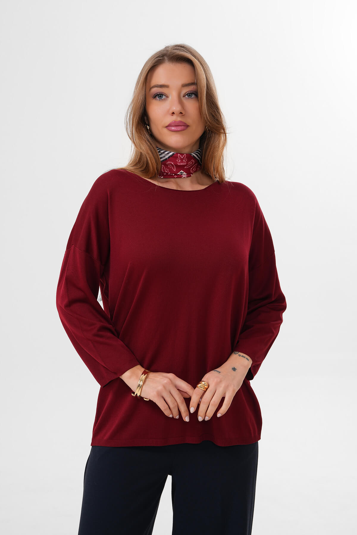 Uzun Kollu İnce Triko Bluz MDG-1009 Bordo - 1