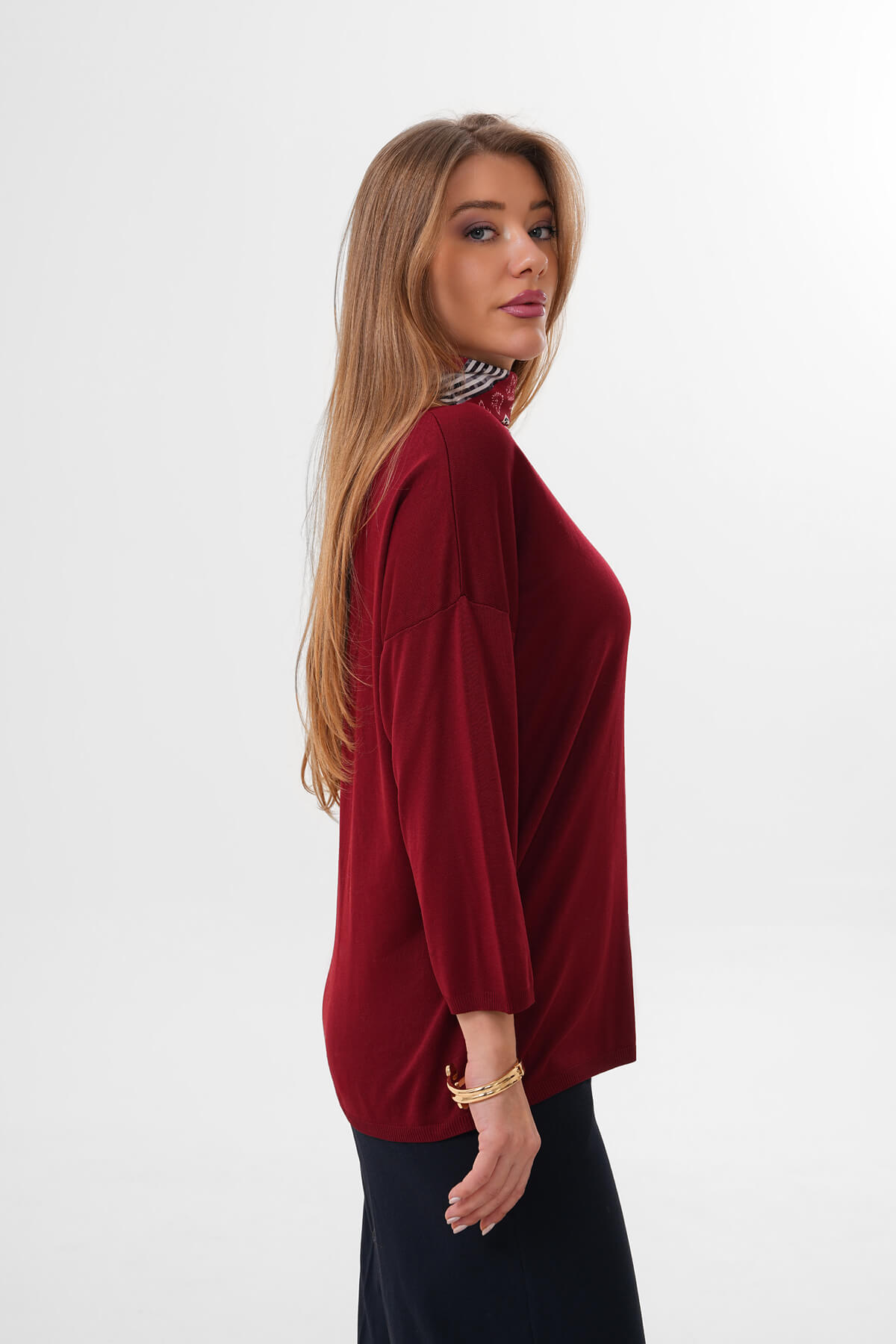 Uzun Kollu İnce Triko Bluz MDG-1009 Bordo - 4