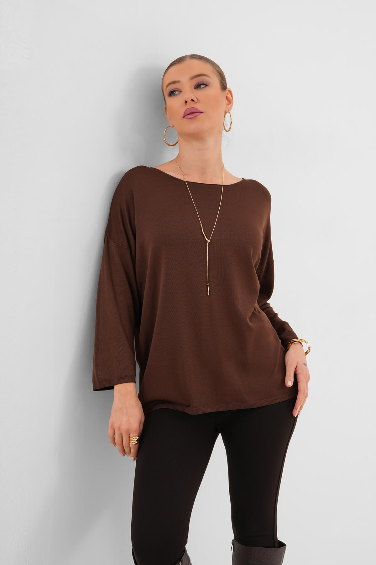 Uzun Kollu İnce Triko Bluz MDG-1009 Kahverengi - 1