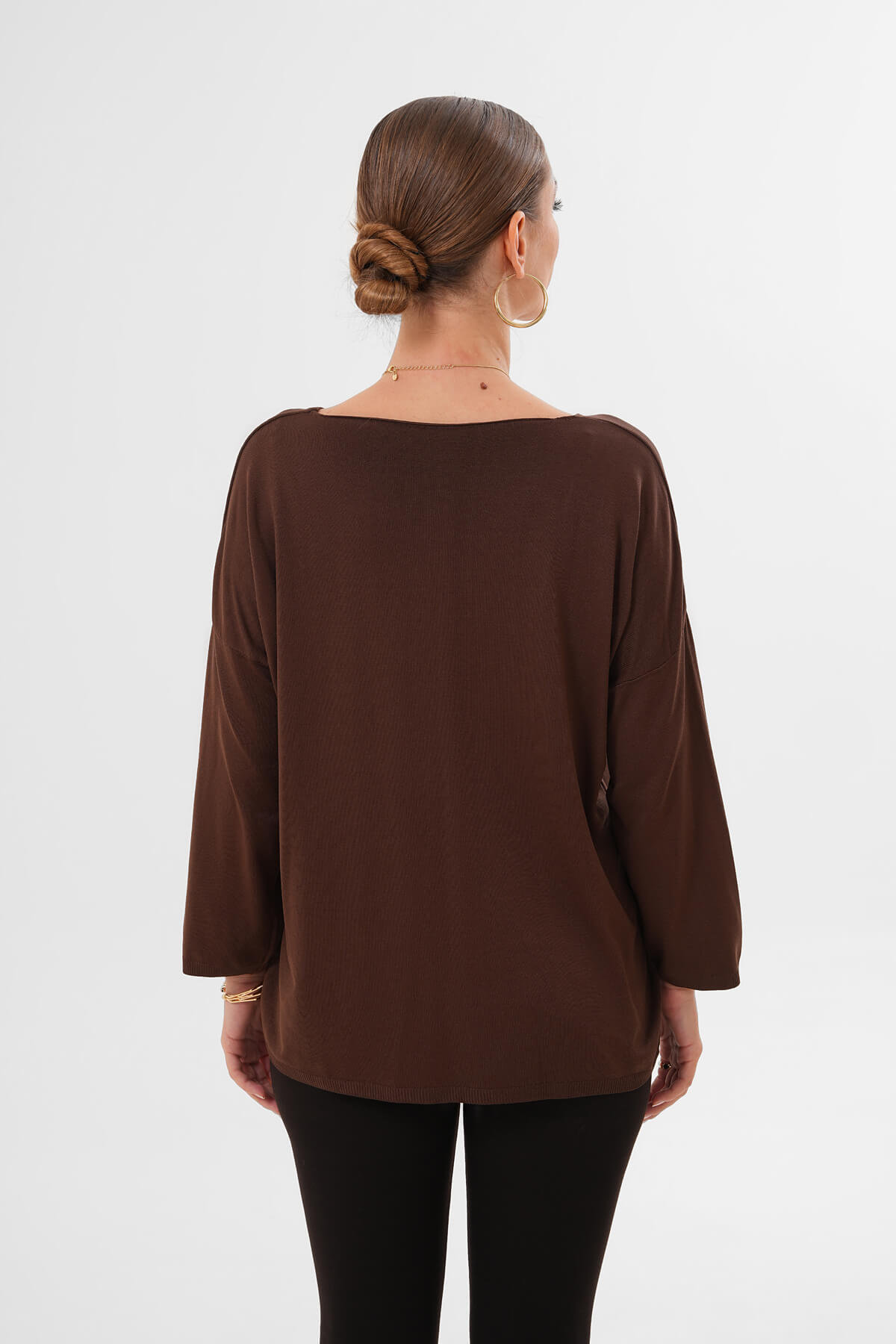 Uzun Kollu İnce Triko Bluz MDG-1009 Kahverengi - 4