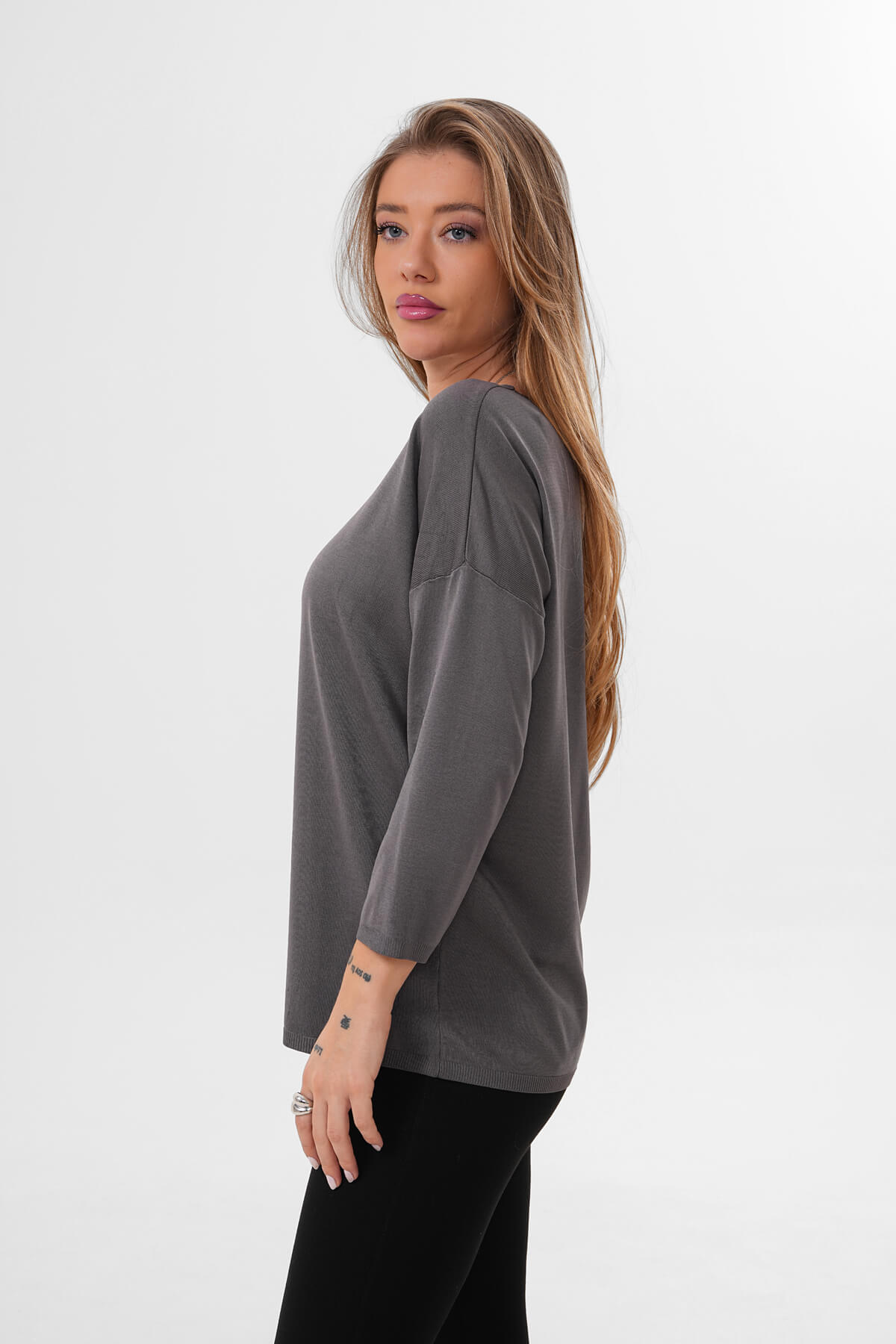 Uzun Kollu Yuvarlak Yaka Bluz MDG-2106 Antrasit - 2