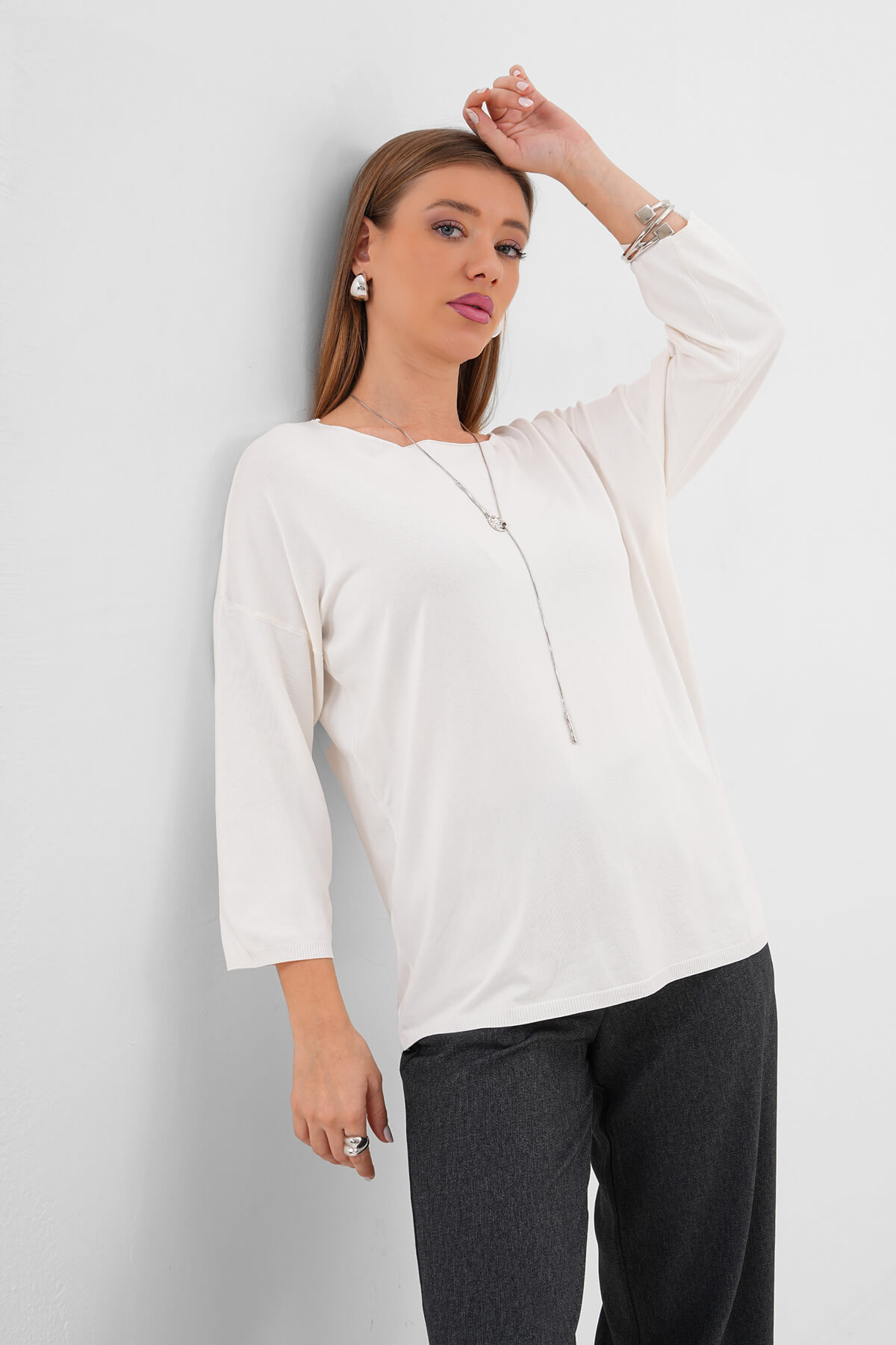 Uzun Kollu Yuvarlak Yaka Bluz MDG-2106 Krem - 2