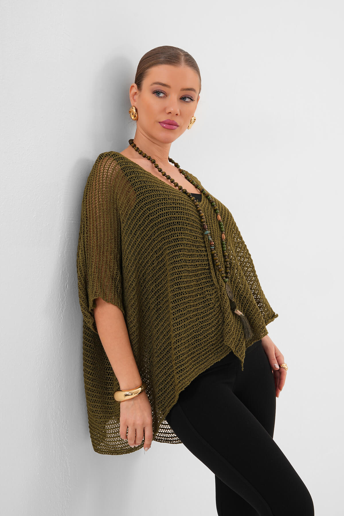 V Yaka Salaş Kesim Örgü Triko MDG-1006 Haki - 1