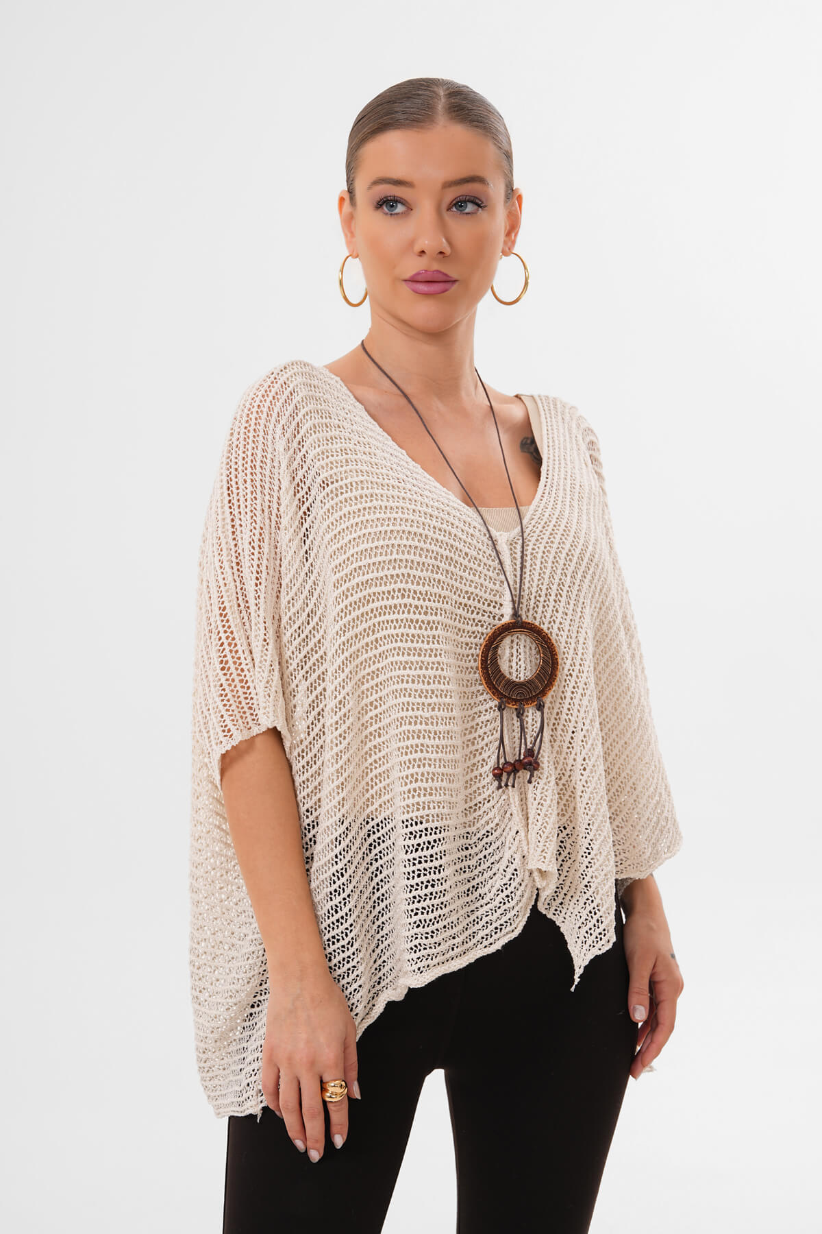 V Yaka Salaş Kesim Örgü Triko MDG-1006 Krem - 1