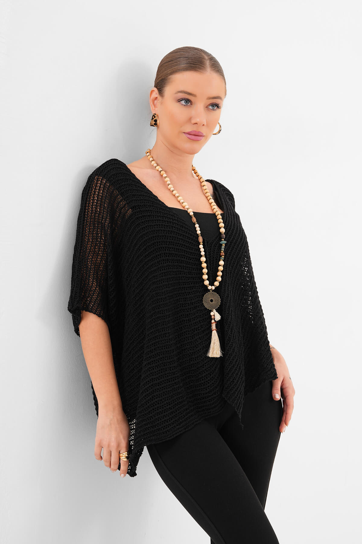 V Yaka Salaş Kesim Örgü Triko MDG-1006 Siyah 