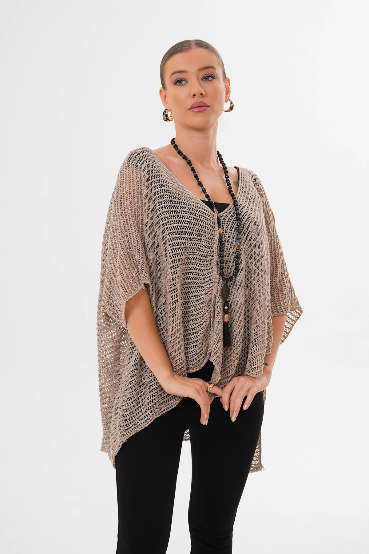 V Yaka Salaş Kesim Örgü Triko MDG-1006 Taş - 1