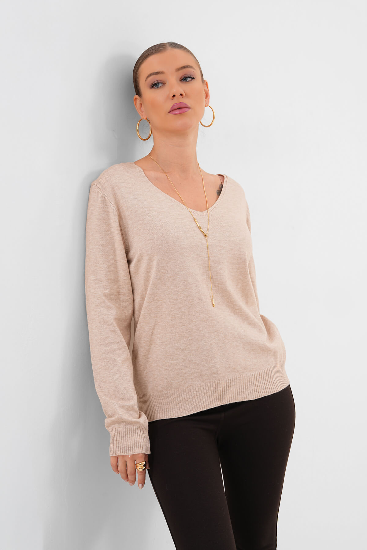 V Yaka Uzun Kollu Triko Kazak MDG-22704 Bej - 1