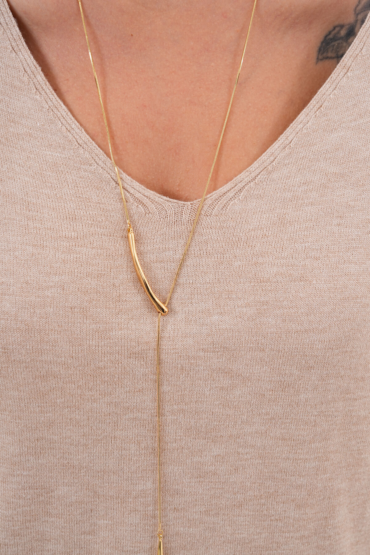 V Yaka Uzun Kollu Triko Kazak MDG-22704 Bej - 2