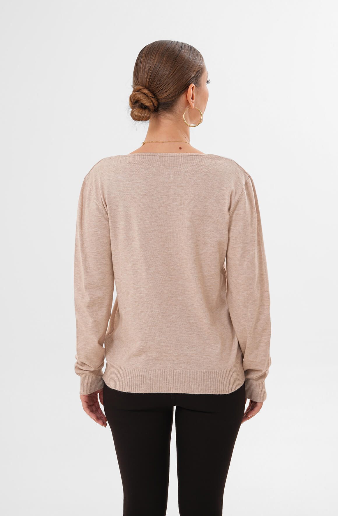 V Yaka Uzun Kollu Triko Kazak MDG-22704 Bej - 3