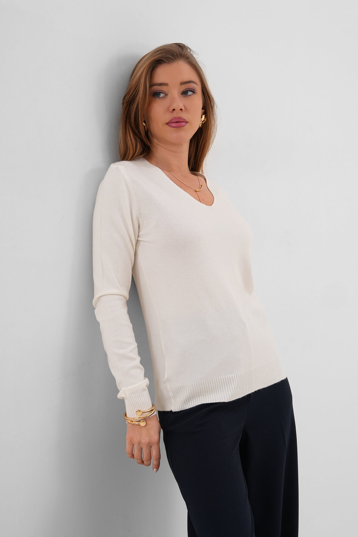 V Yaka Uzun Kollu Triko Kazak MDG-22704 Ekru - 2