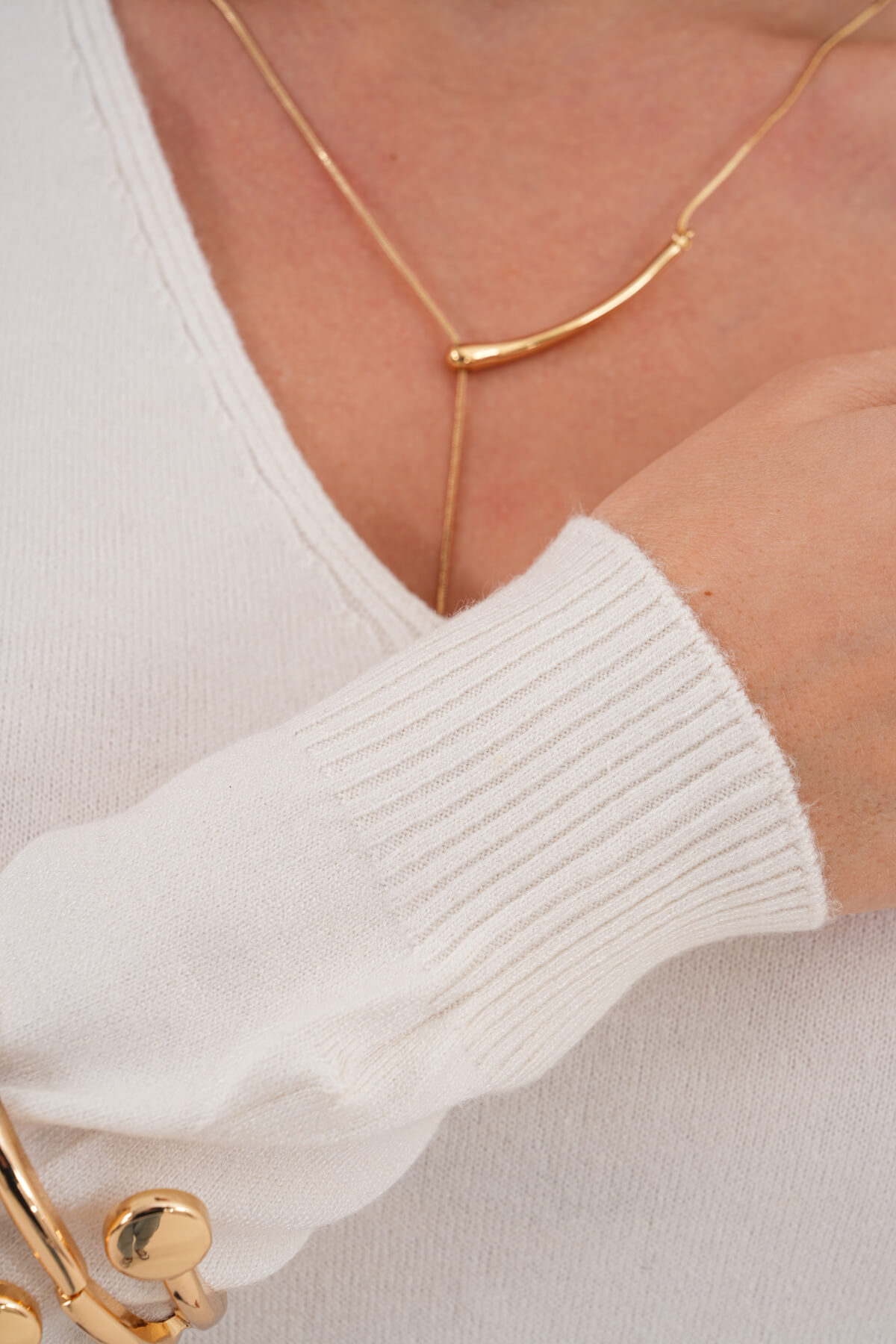 V Yaka Uzun Kollu Triko Kazak MDG-22704 Ekru - 3