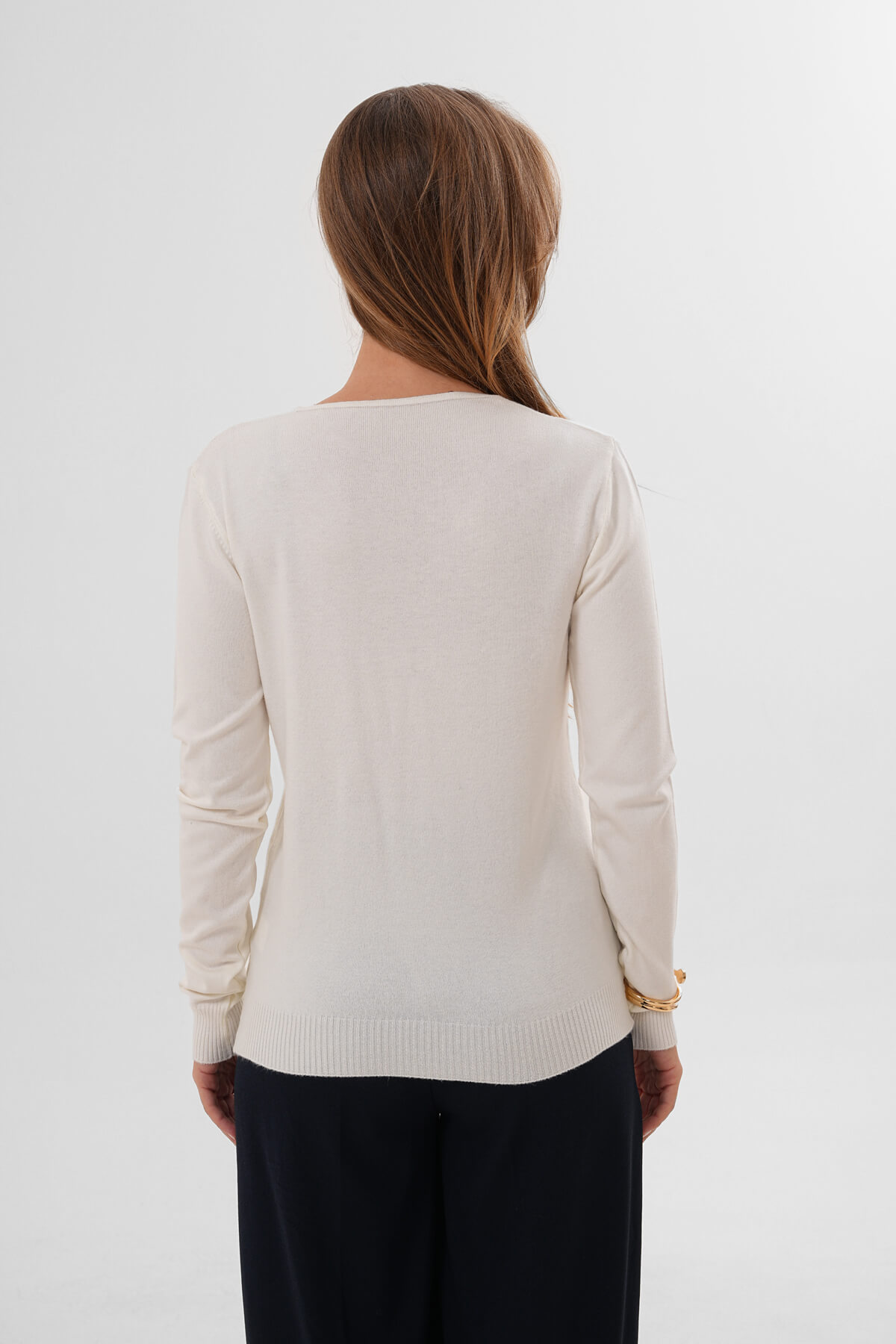 V Yaka Uzun Kollu Triko Kazak MDG-22704 Ekru - 4