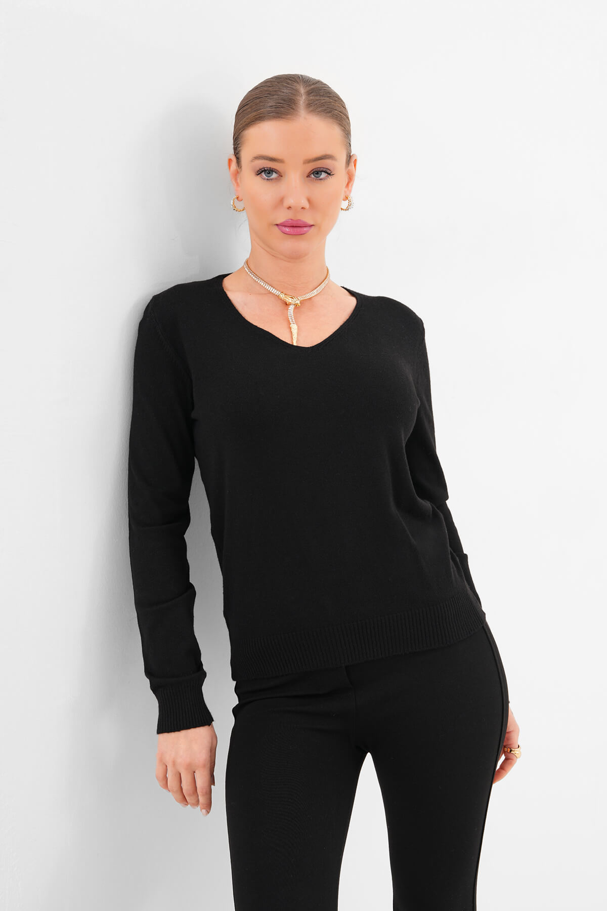 V Yaka Uzun Kollu Triko Kazak MDG-22704 Siyah - 1