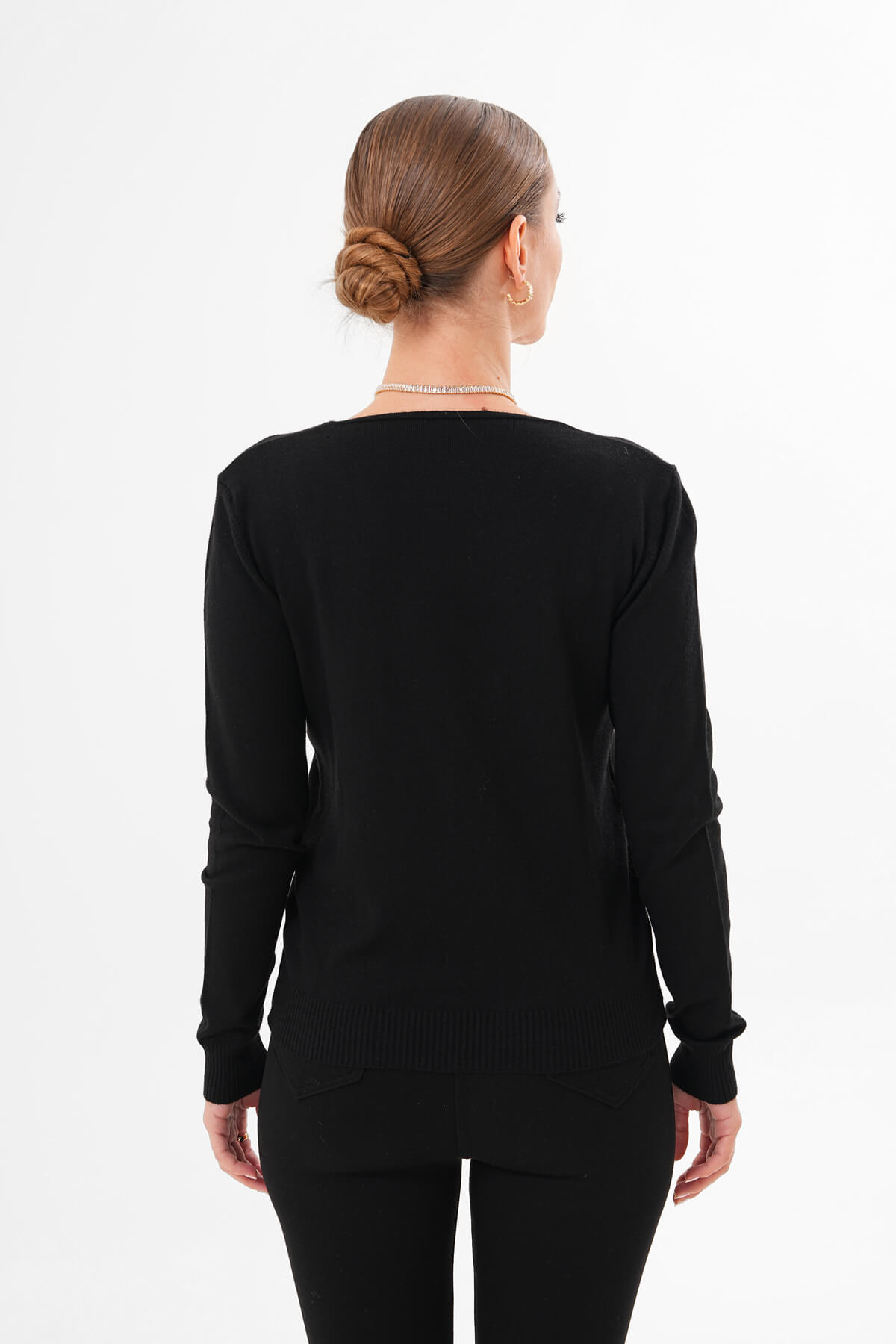 V Yaka Uzun Kollu Triko Kazak MDG-22704 Siyah - 3