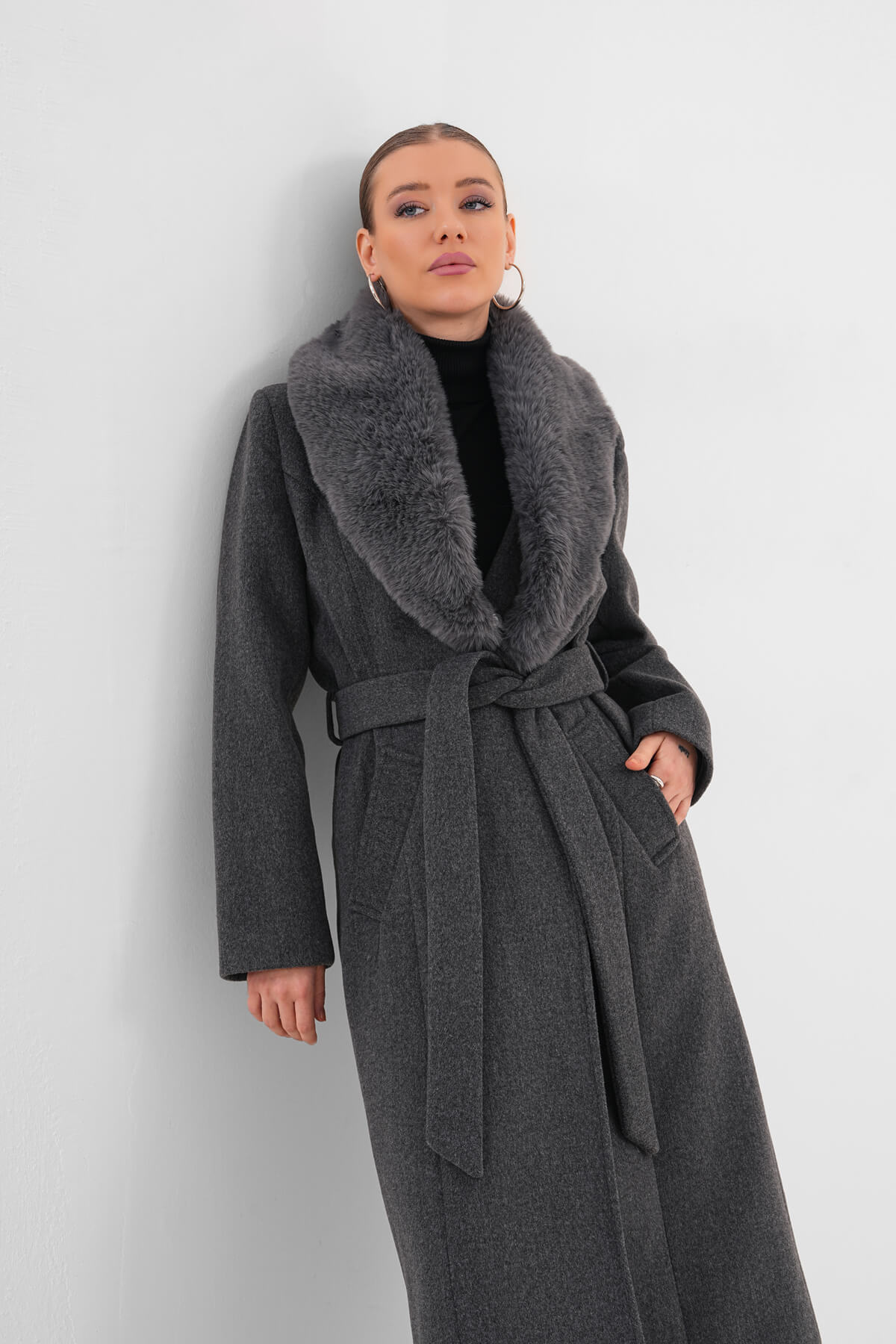 Yaka Kürklü Kuşaklı Uzun Kaban MDG-ALTY-5161 Antrasit 