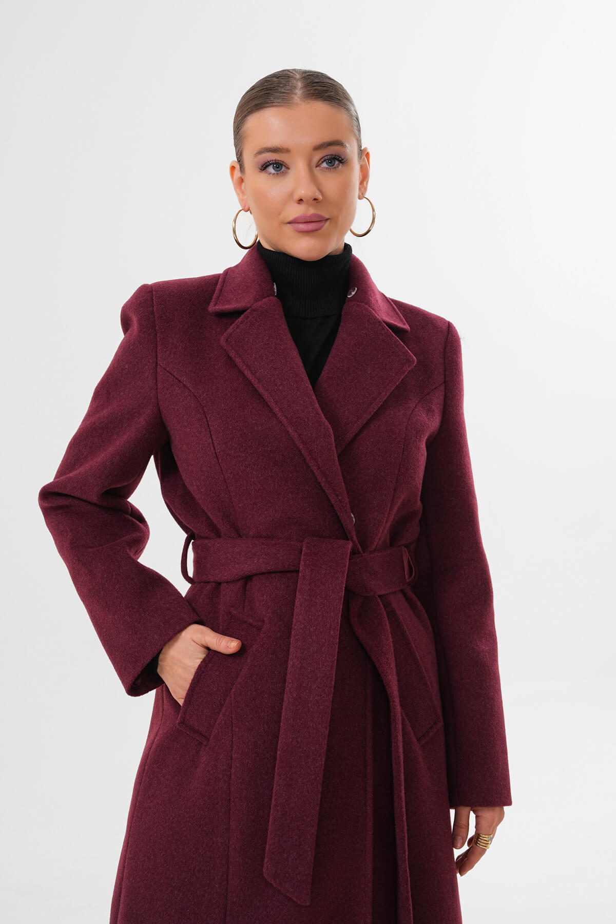 Yaka Kürklü Kuşaklı Uzun Kaban MDG-ALTY-5161 Bordo - 4