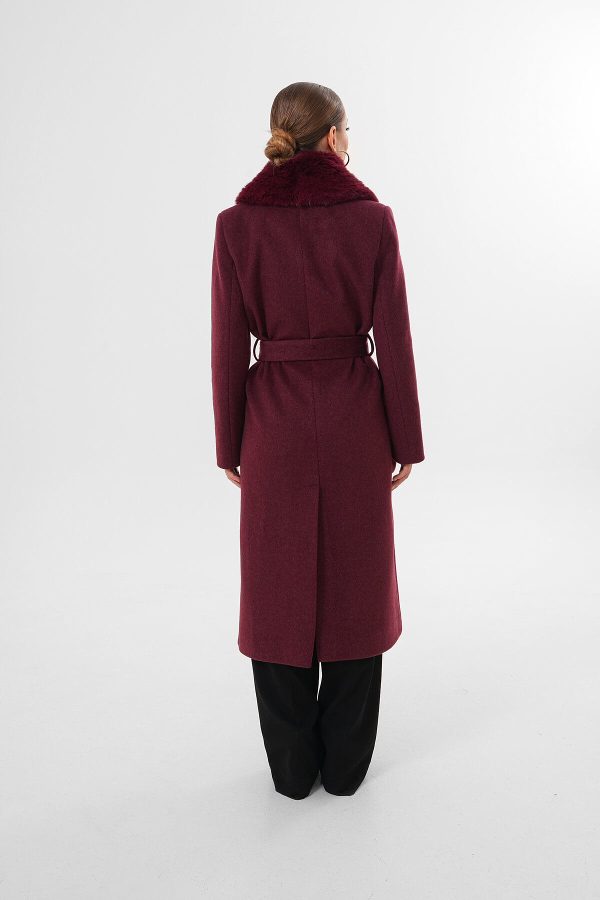 Yaka Kürklü Kuşaklı Uzun Kaban MDG-ALTY-5161 Bordo - 5