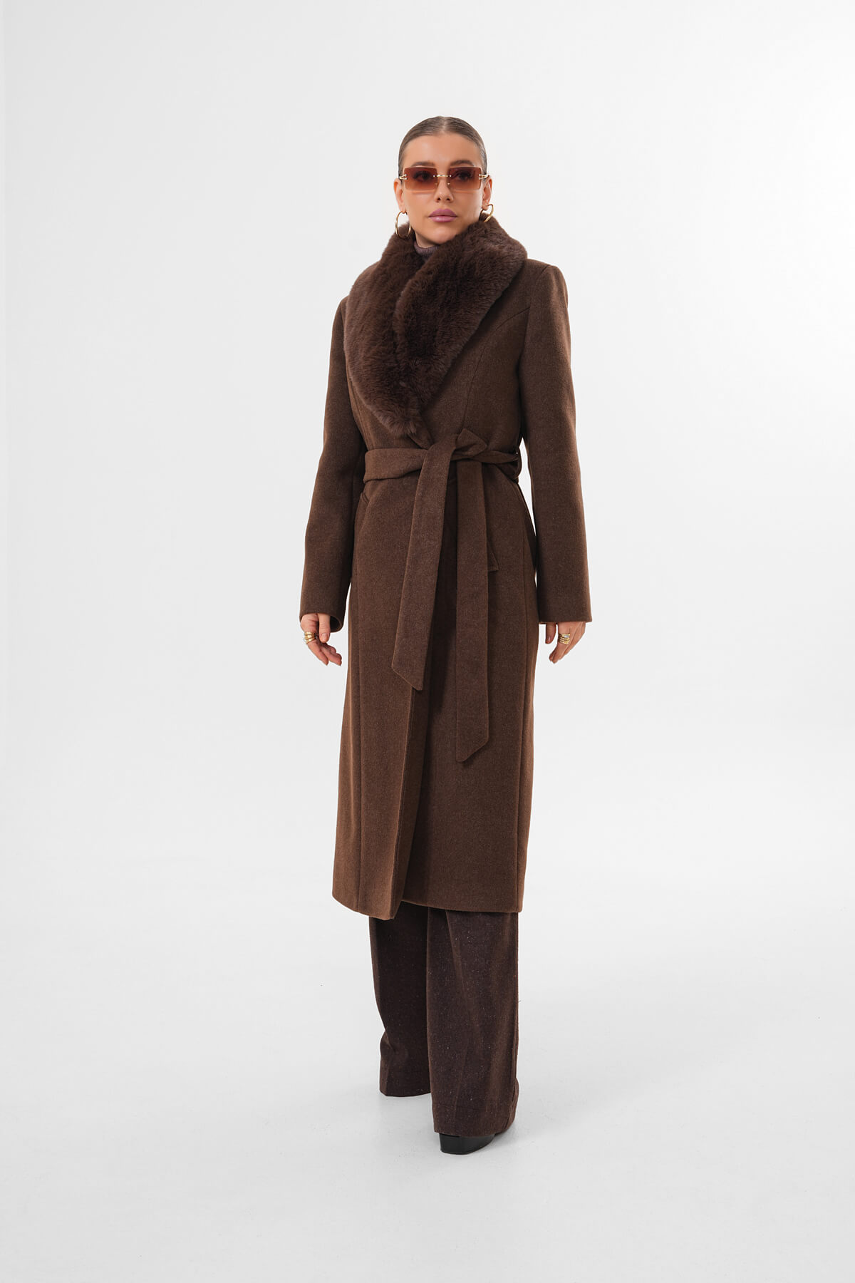 Yaka Kürklü Kuşaklı Uzun Kaban MDG-ALTY-5161 Kahverengi - 2