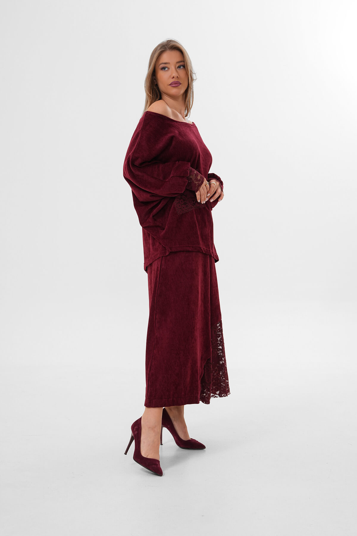 Yan Dantelli Kadife Etek MDG-25-D-91 Bordo - MDG