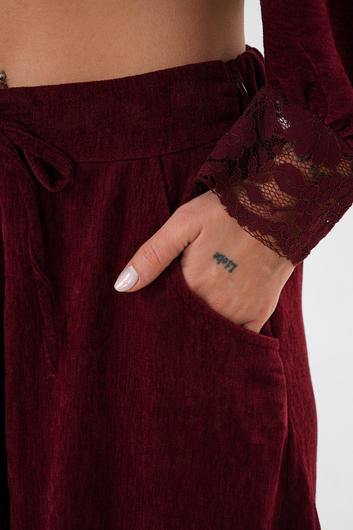 Yan Dantelli Kadife Etek MDG-25-D-91 Bordo - 2
