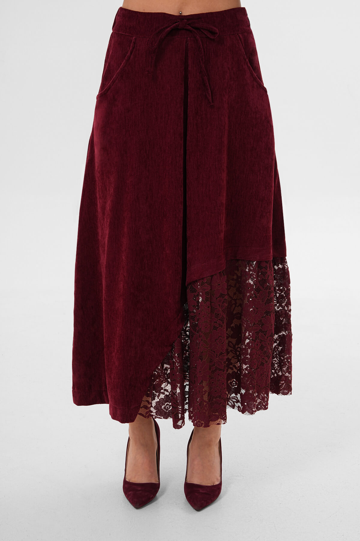 Yan Dantelli Kadife Etek MDG-25-D-91 Bordo - 3