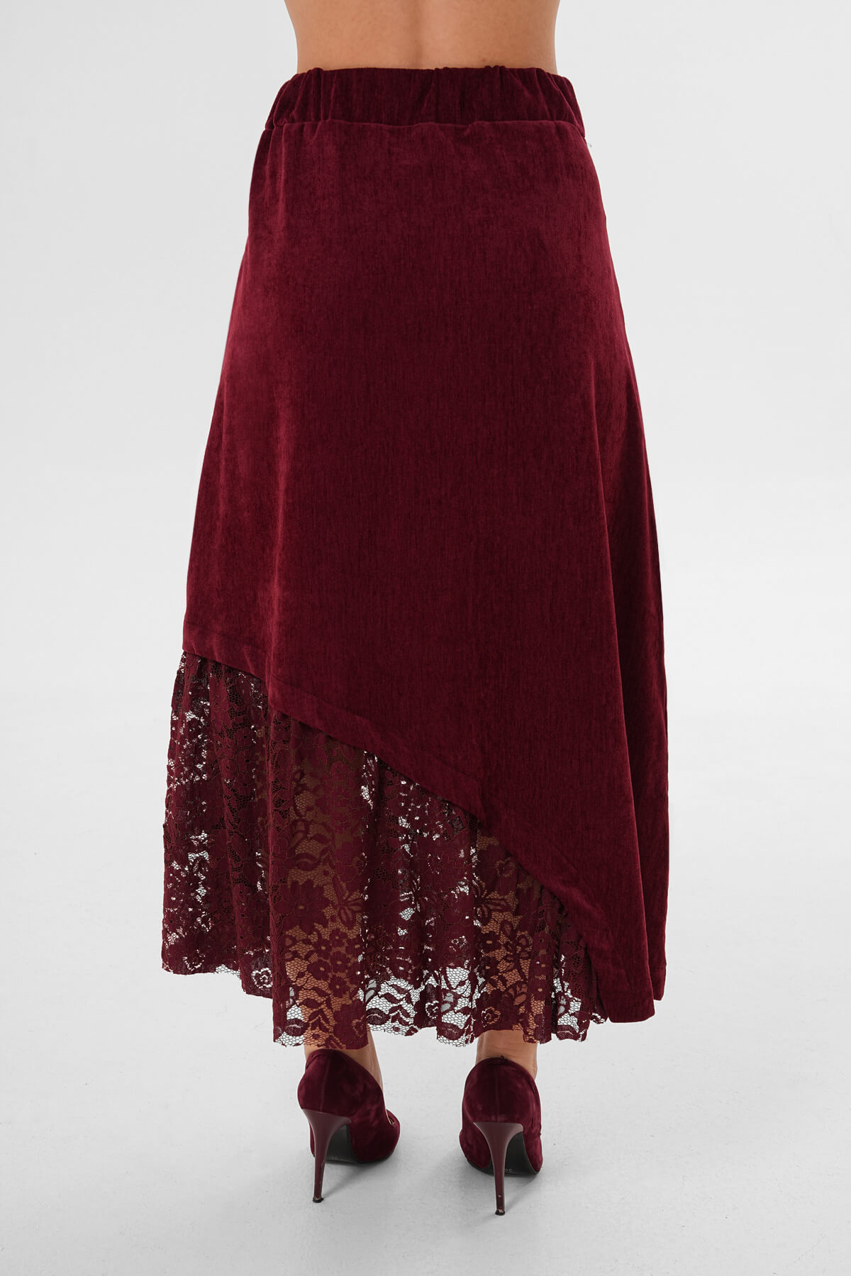 Yan Dantelli Kadife Etek MDG-25-D-91 Bordo - 4