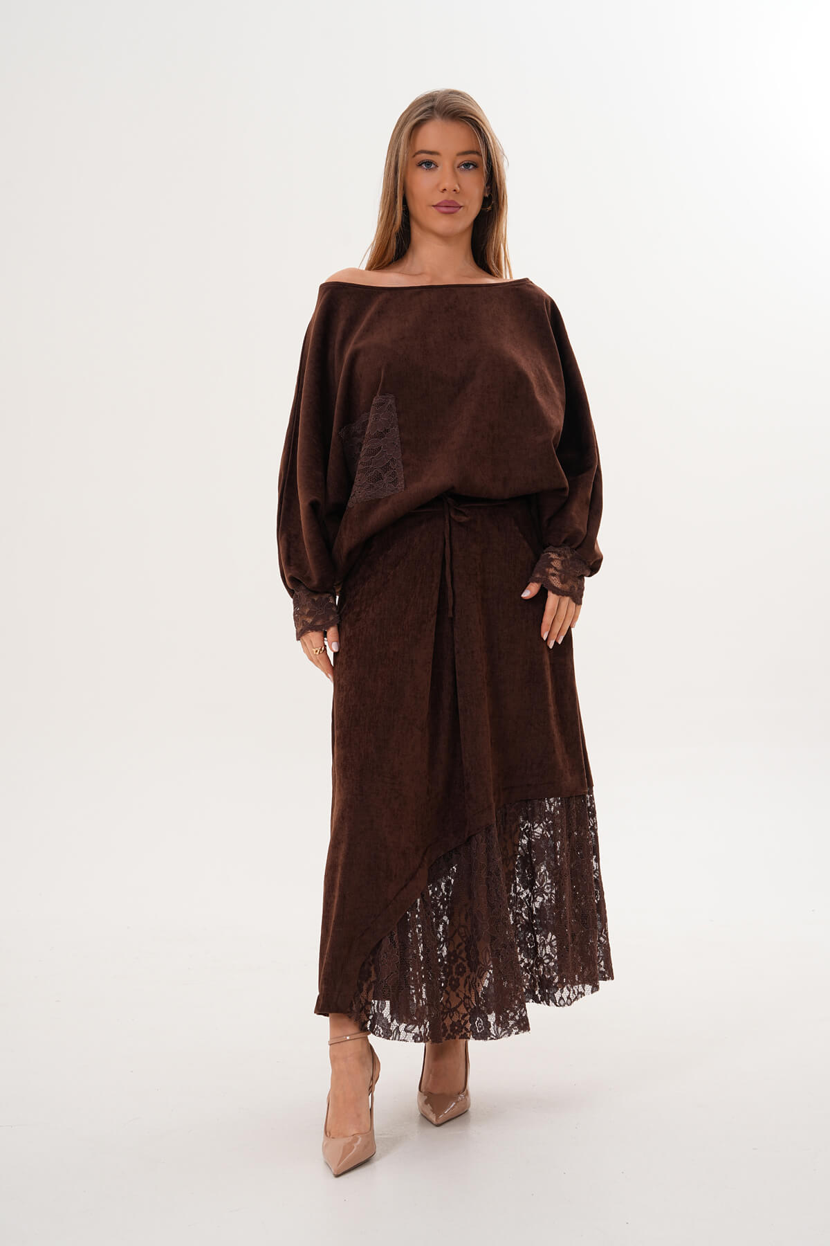 Yan Dantelli Kadife Etek MDG-25-D-91 Kahverengi - 1