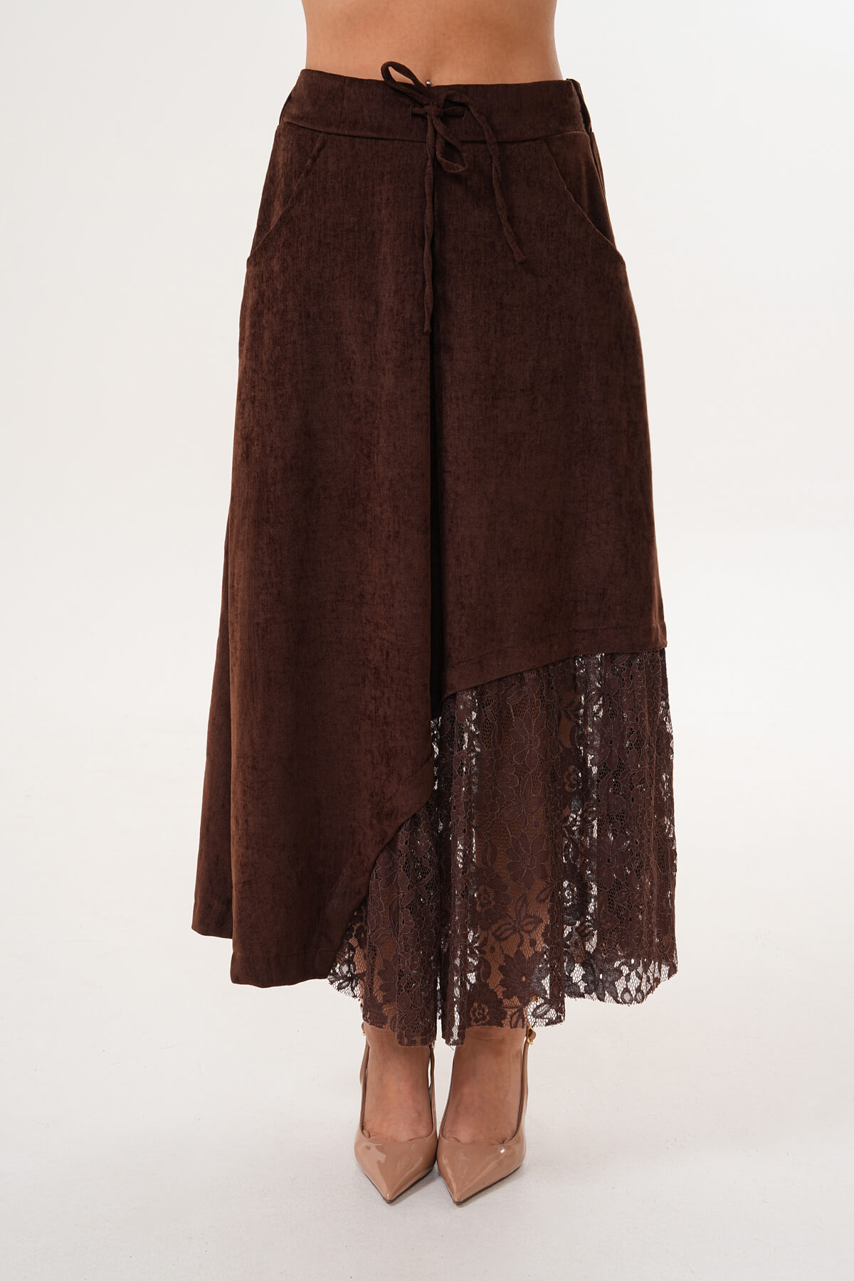 Yan Dantelli Kadife Etek MDG-25-D-91 Kahverengi - 2