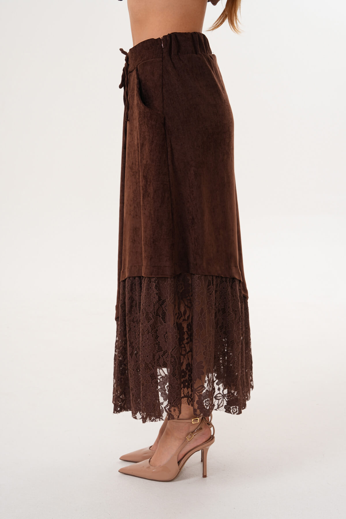 Yan Dantelli Kadife Etek MDG-25-D-91 Kahverengi - 4
