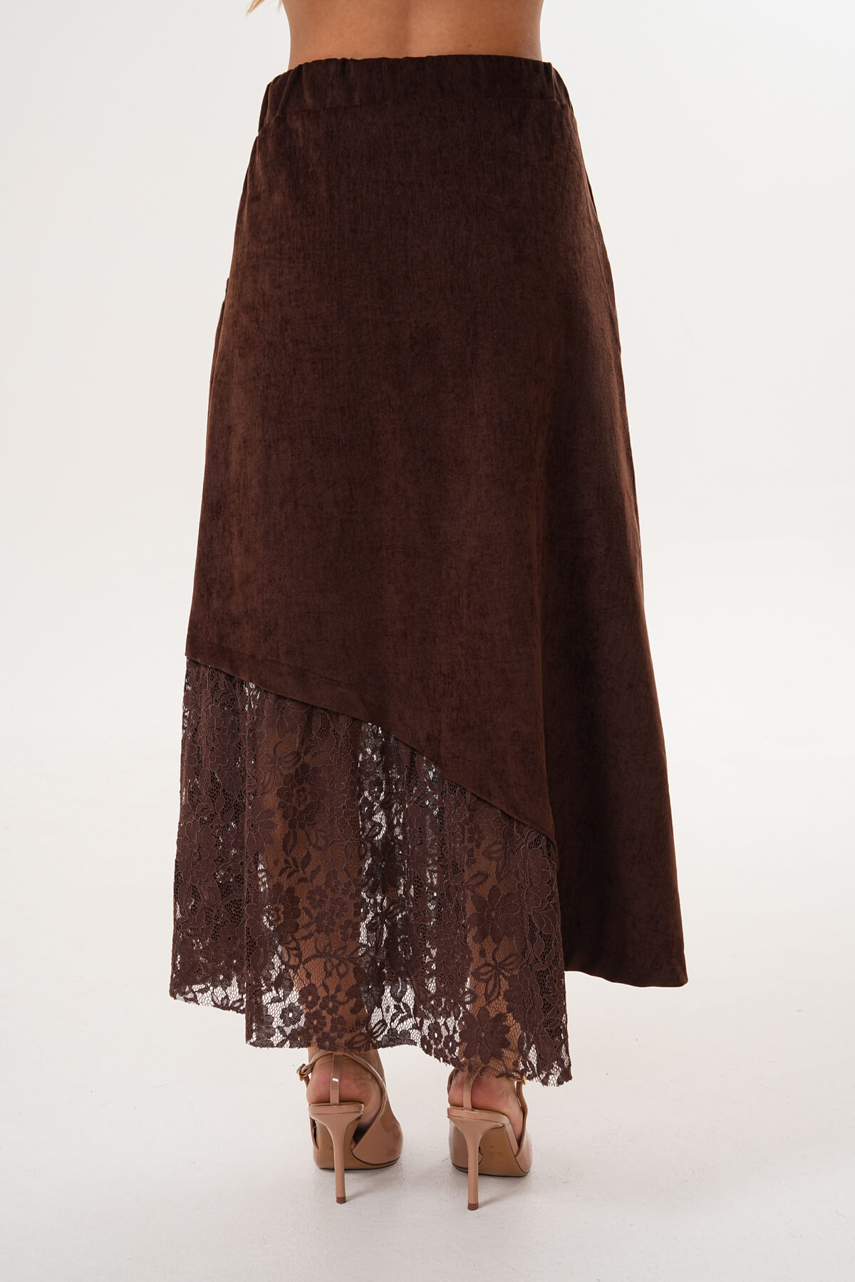 Yan Dantelli Kadife Etek MDG-25-D-91 Kahverengi - 5