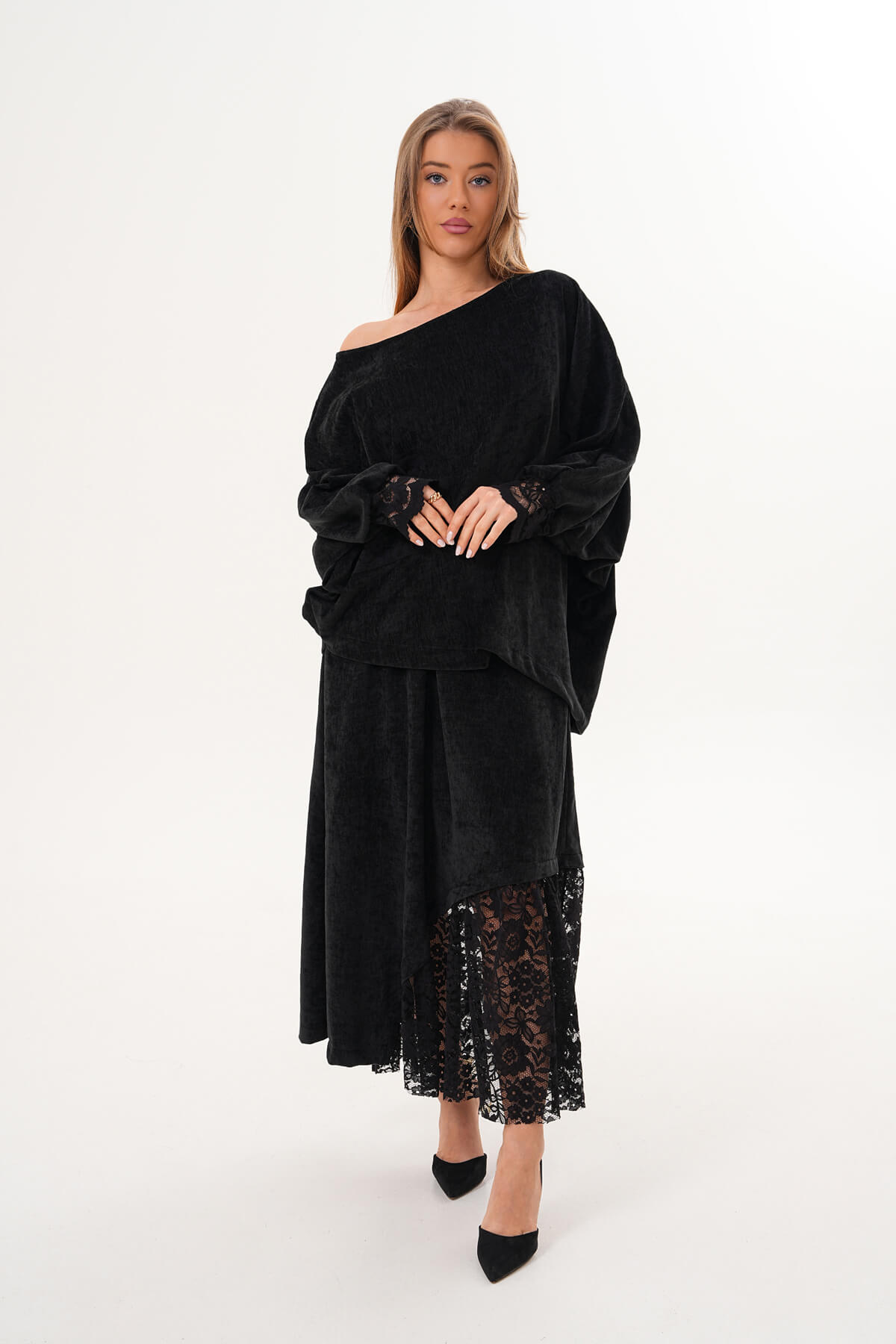 Yan Dantelli Kadife Etek MDG-25-D-91 Siyah - 1