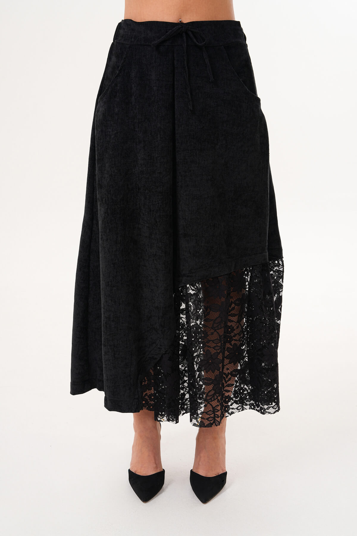 Yan Dantelli Kadife Etek MDG-25-D-91 Siyah - 2