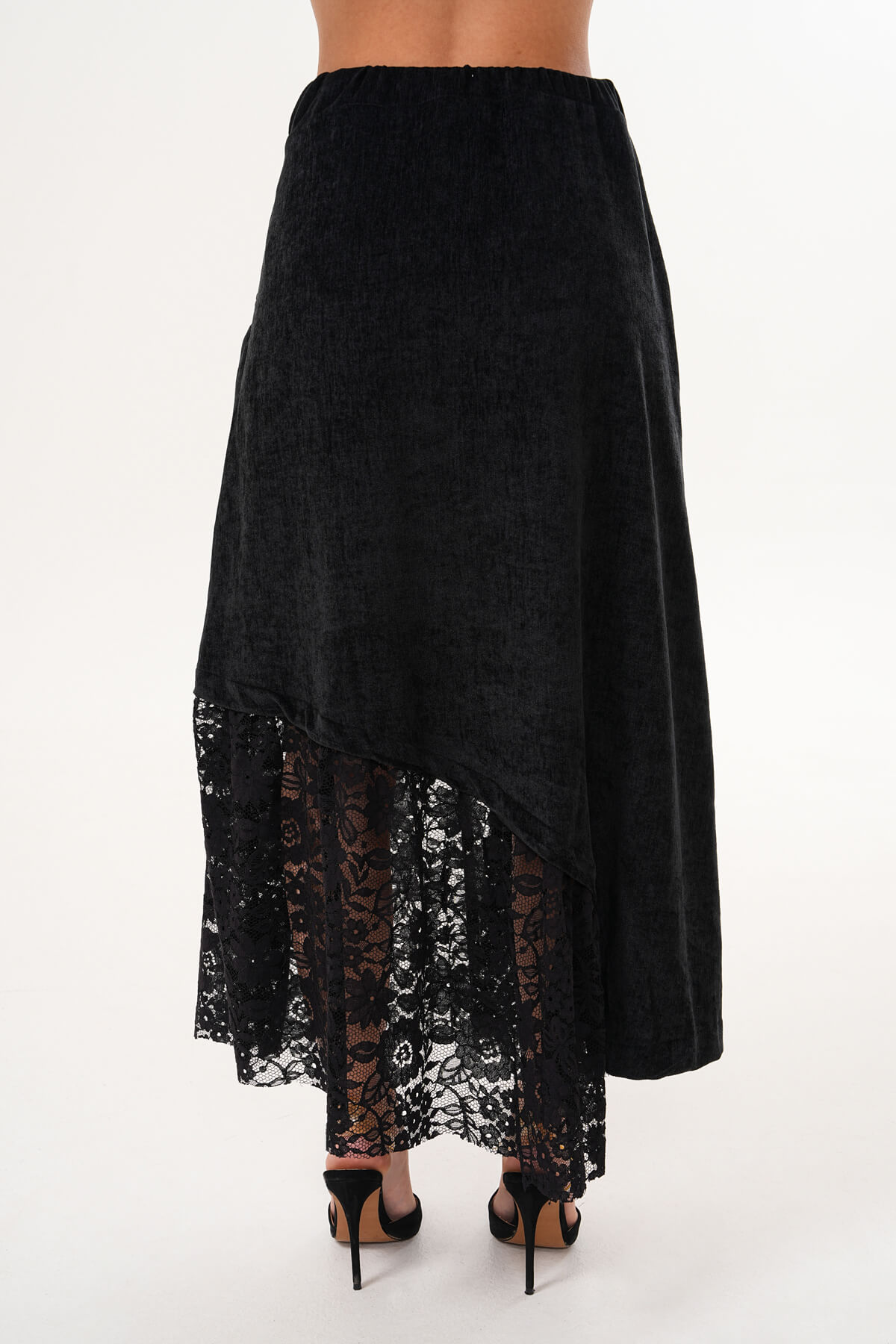 Yan Dantelli Kadife Etek MDG-25-D-91 Siyah - 5