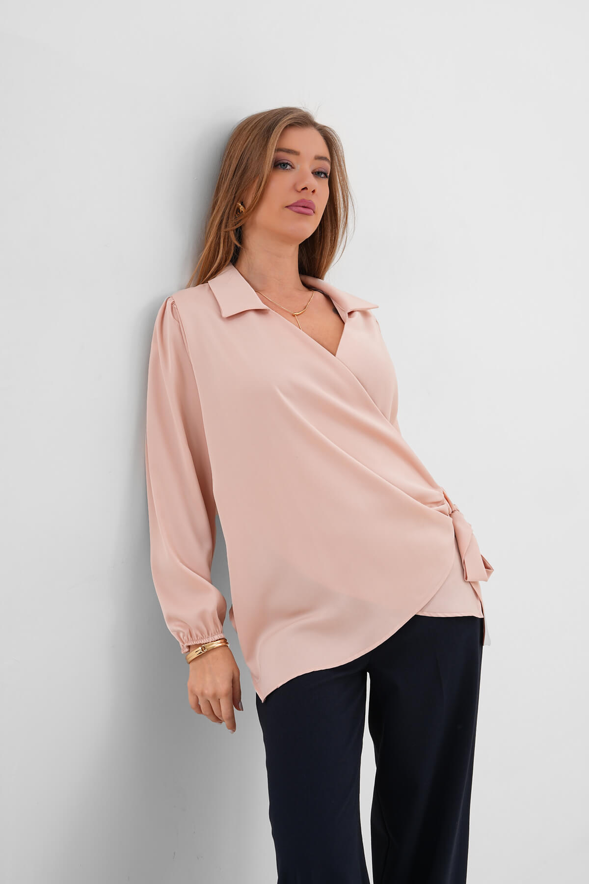 Yandan Bağlamalı Saten Gömlek MDG-25-D-10704 Bej - 1