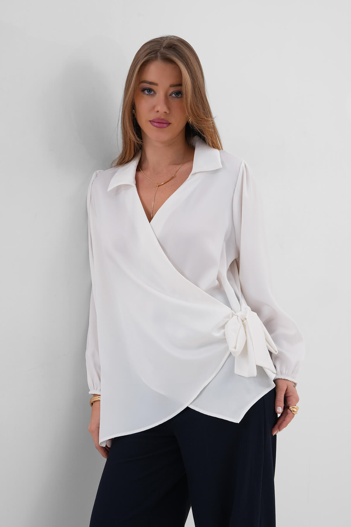 Yandan Bağlamalı Saten Gömlek MDG-25-D-10704 Ekru - MDG