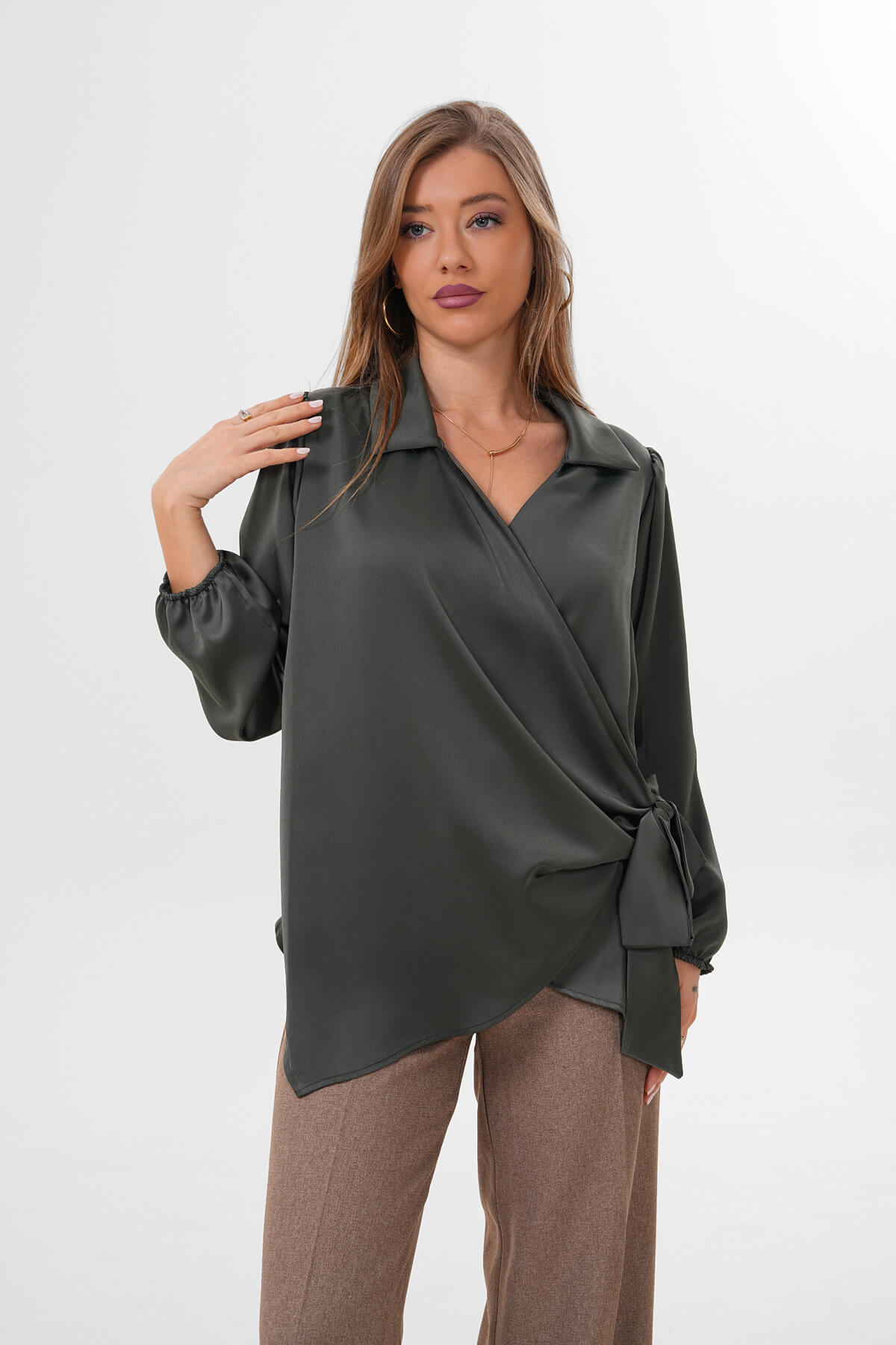 Yandan Bağlamalı Saten Gömlek MDG-25-D-10704 Haki - 1