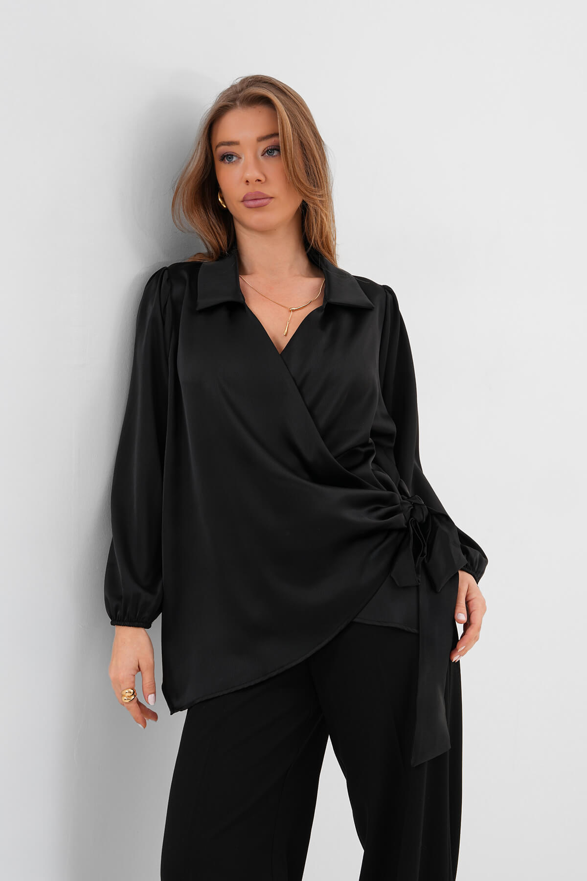 Yandan Bağlamalı Saten Gömlek MDG-25-D-10704 Siyah - 1