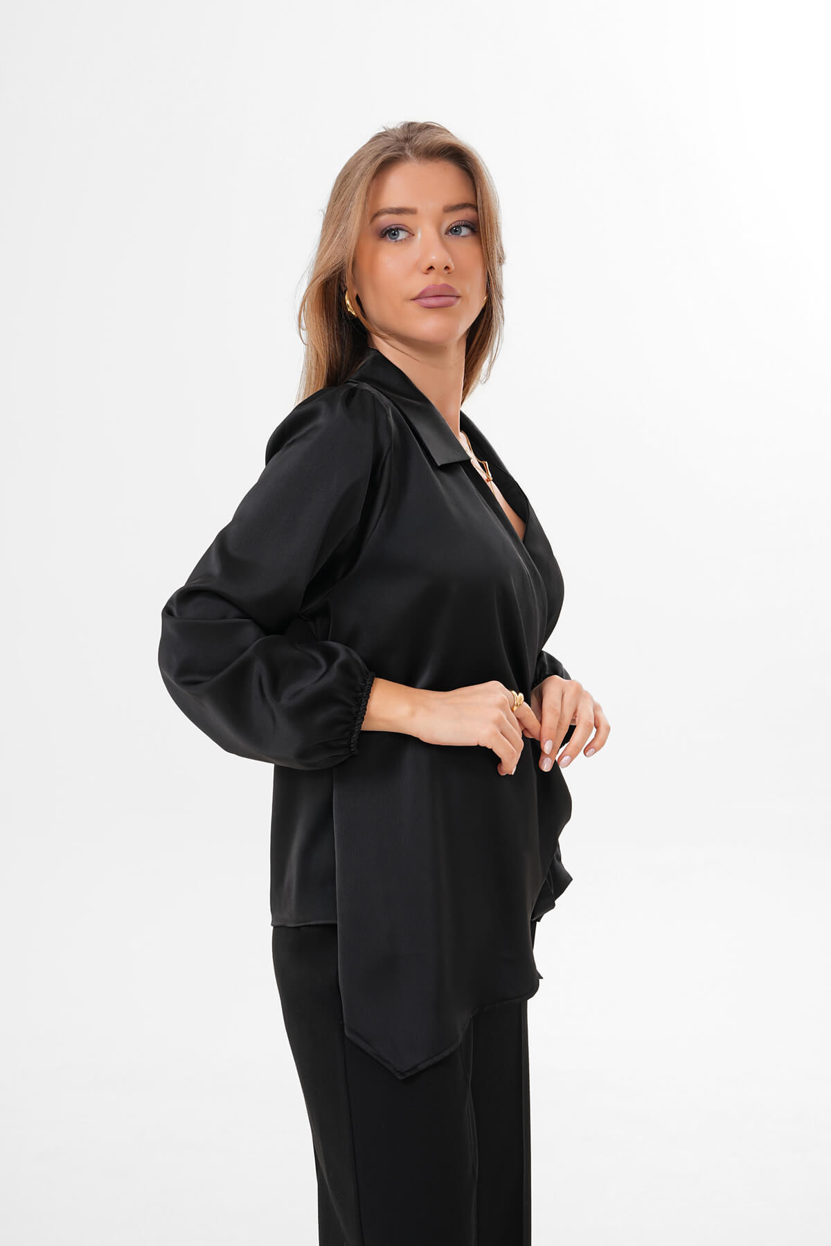 Yandan Bağlamalı Saten Gömlek MDG-25-D-10704 Siyah - 2