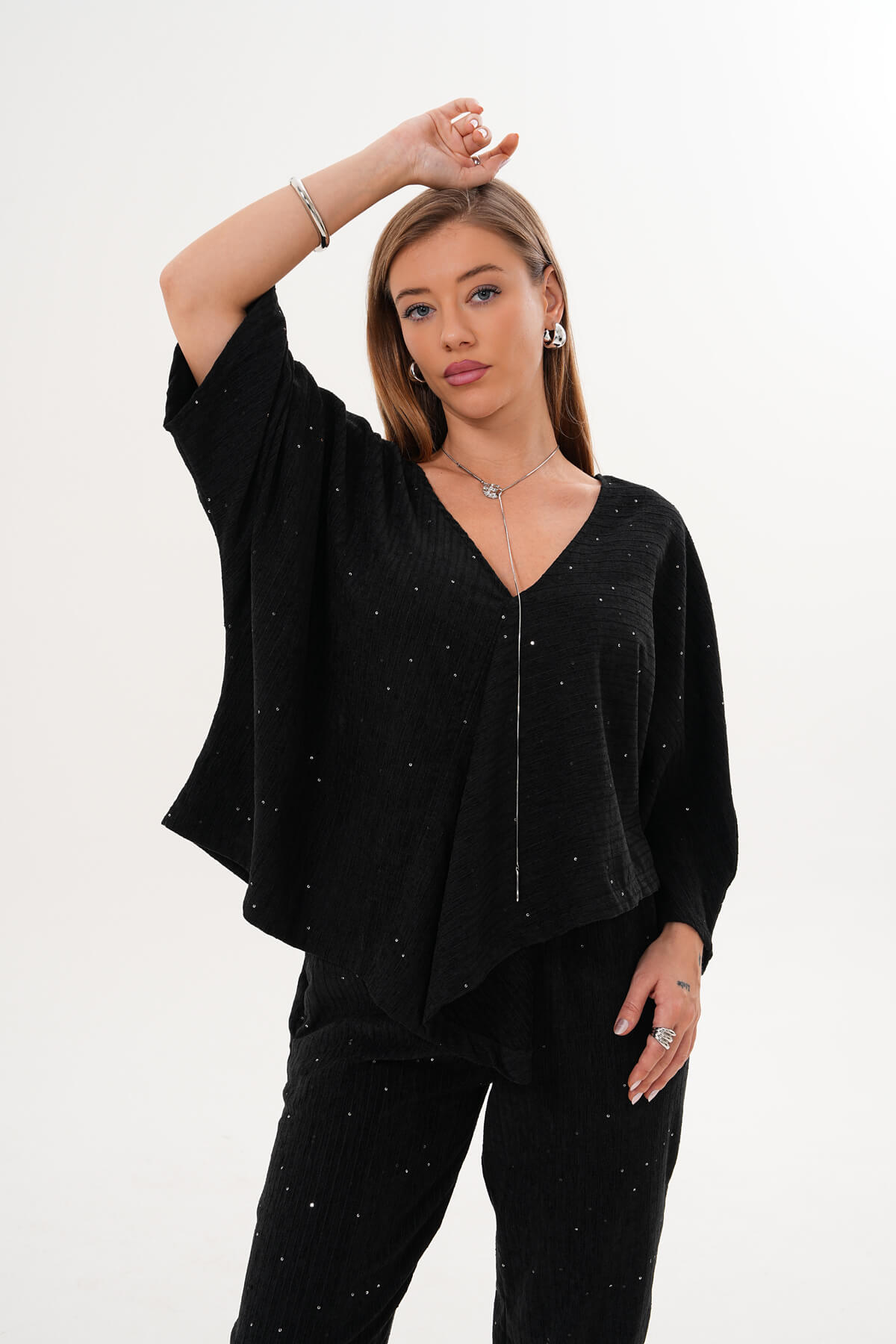 Yarasa Kol Pul Paletli Bluz MDG-25-D-94 Siyah - MDG