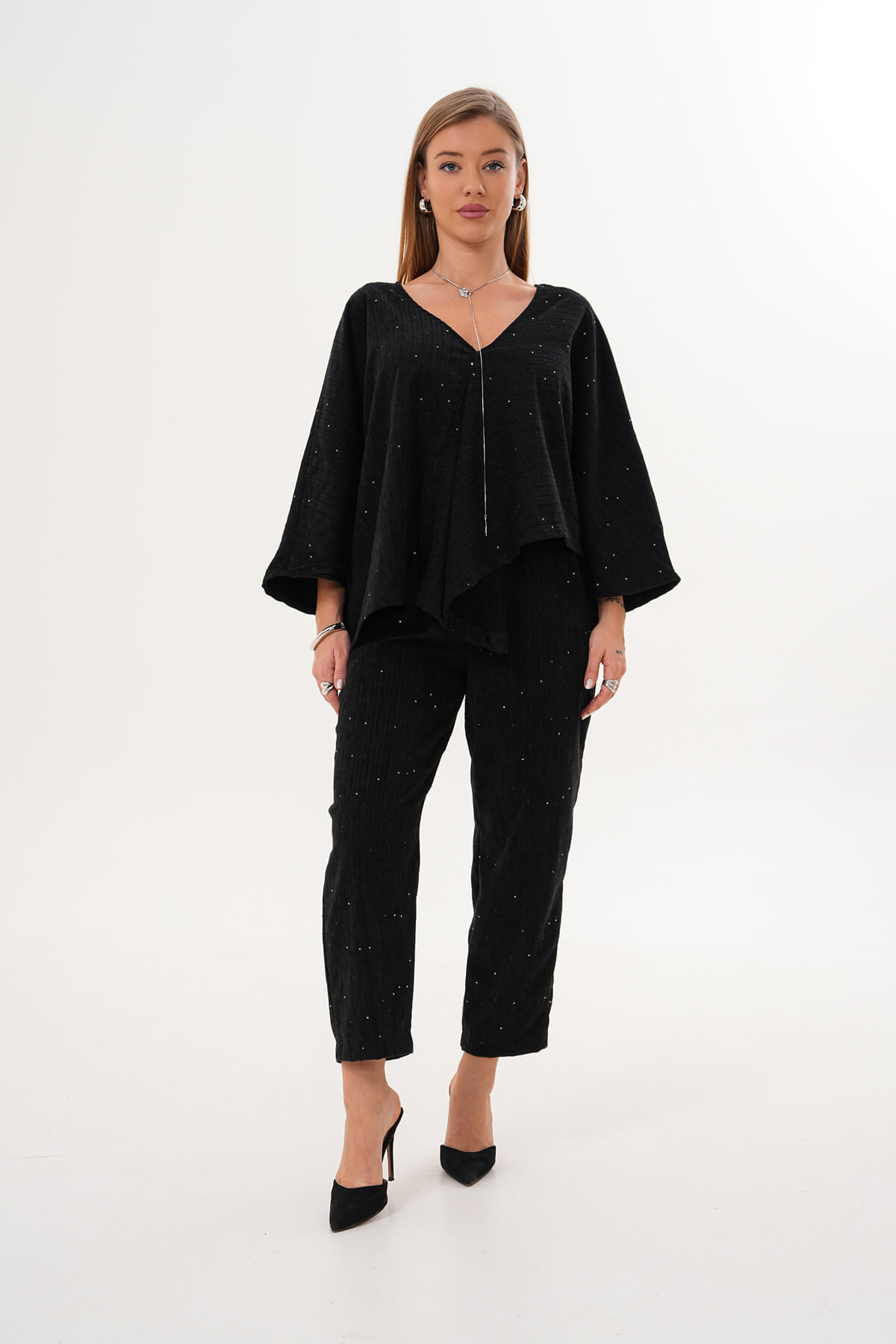 Yarasa Kol Pul Paletli Bluz MDG-25-D-94 Siyah - 3