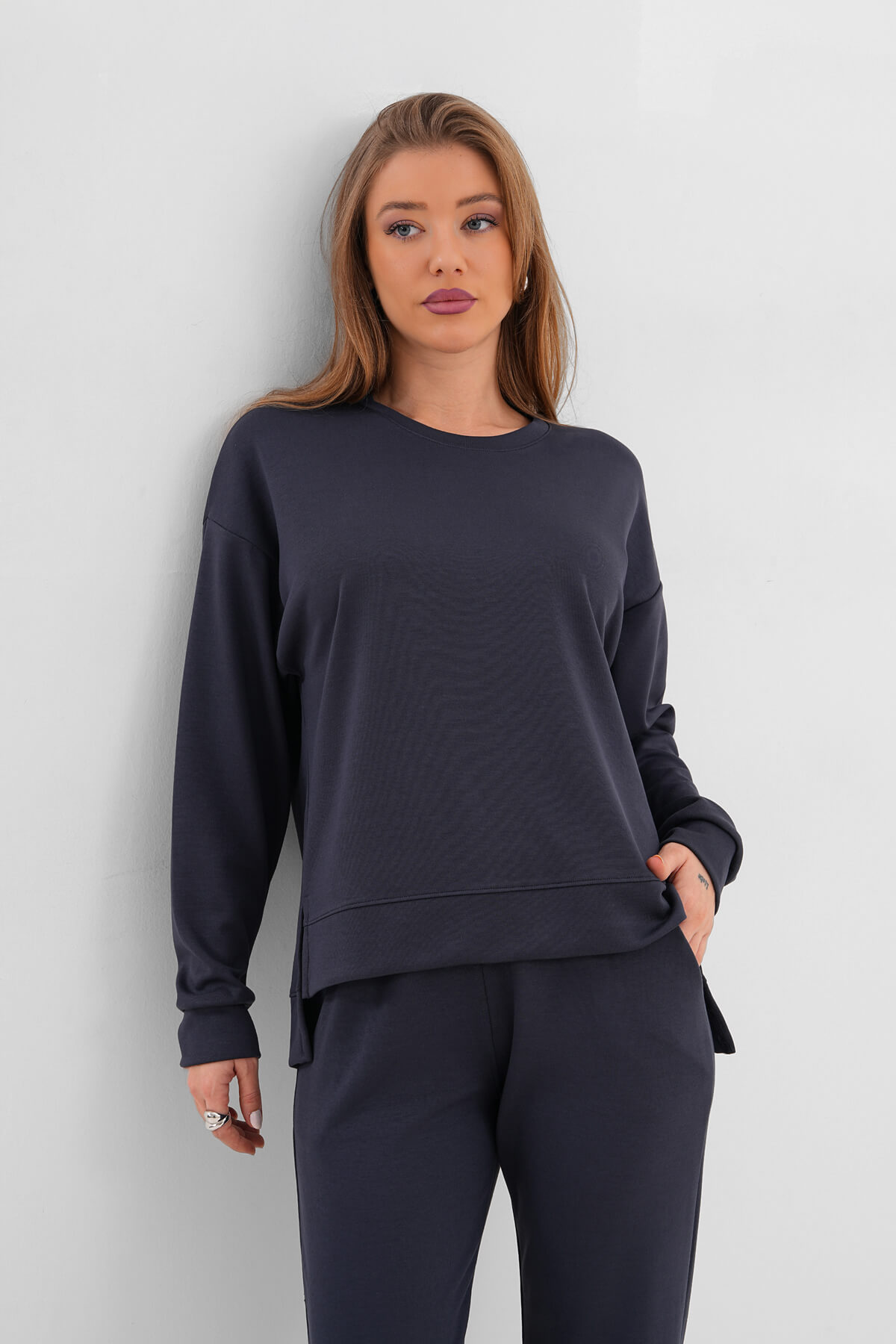 Yırtmaçlı Sıfır Yaka Sweat MDG-005 Antrasit - 3