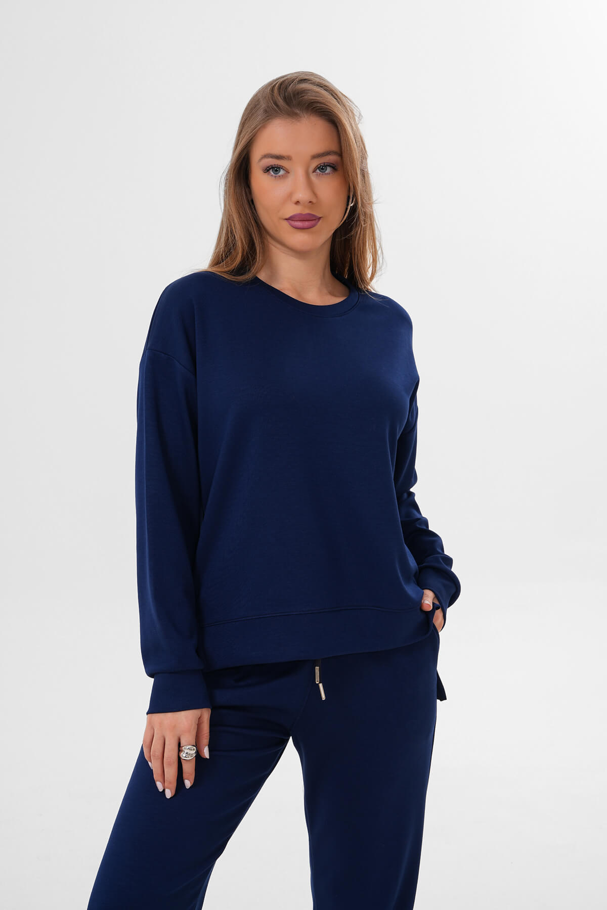 Yırtmaçlı Sıfır Yaka Sweat MDG-005 Lacivert - MDG