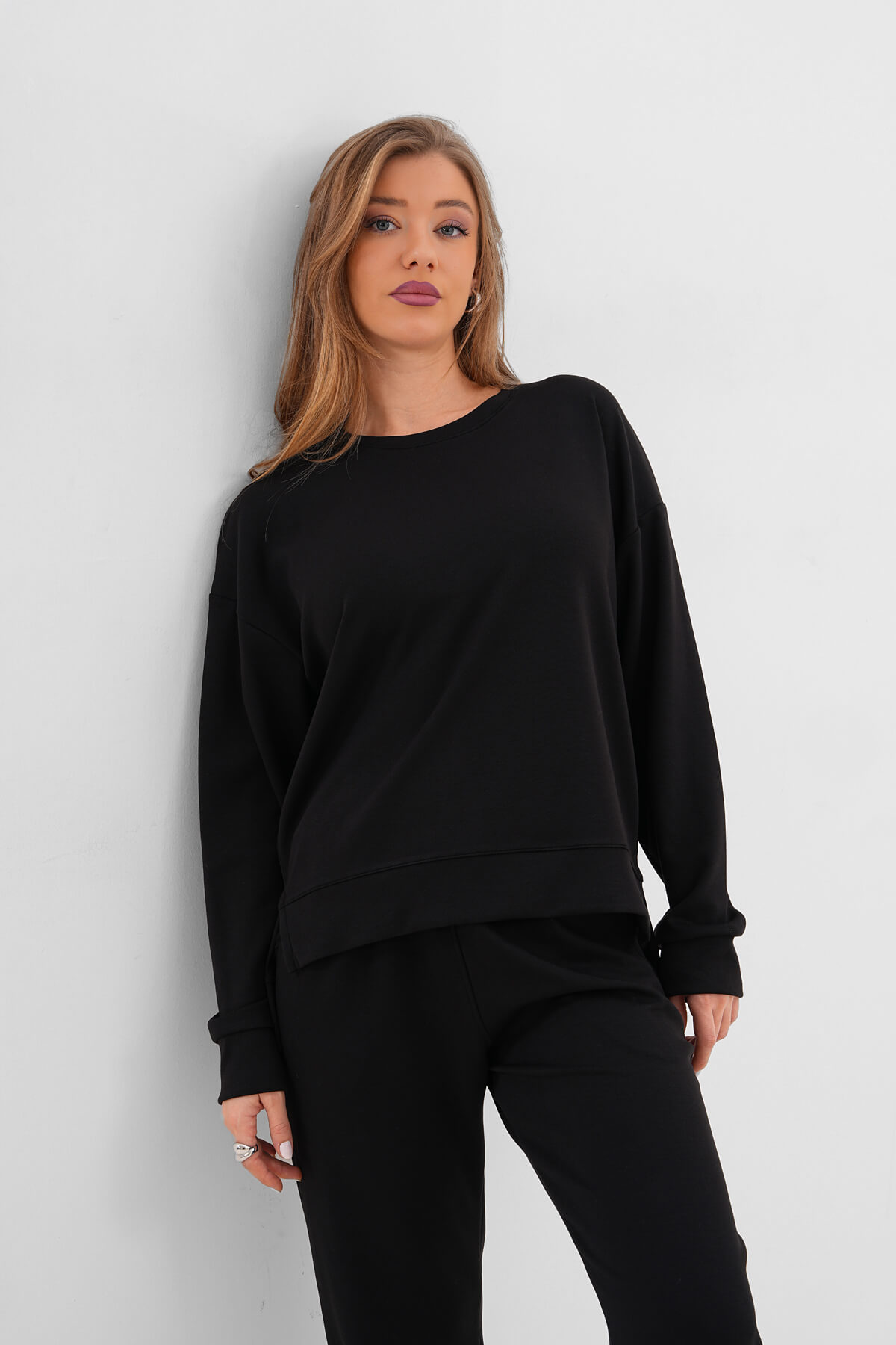 Yırtmaçlı Sıfır Yaka Sweat MDG-005 Siyah - 1