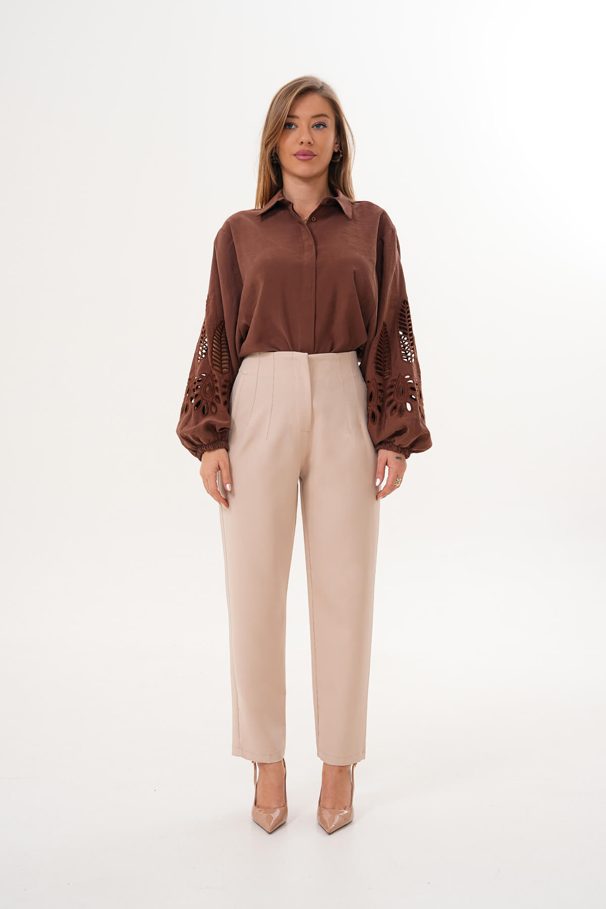 Yüksek Bel Dar Paça Pantolon MDG-006408-P Bej - 1