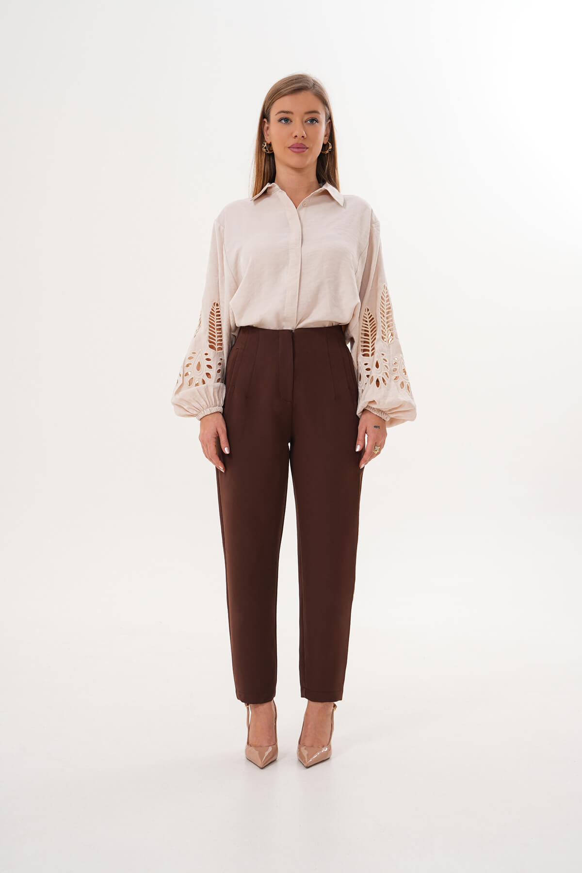 Yüksek Bel Dar Paça Pantolon MDG-006408-P Kahverengi - 1